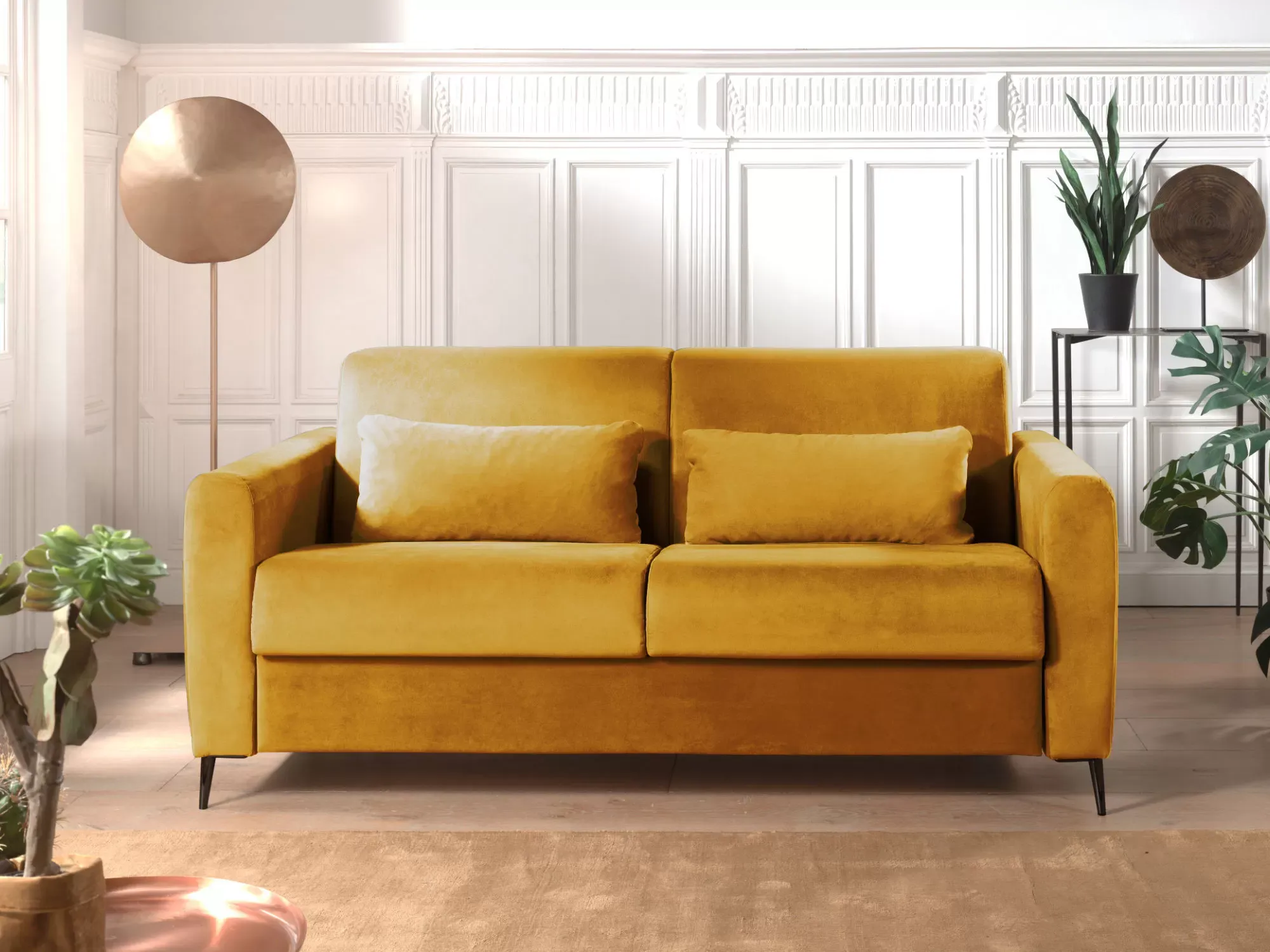 Illustration numéro 3 du produit Canapé droit convertible 3 places en velours jaune