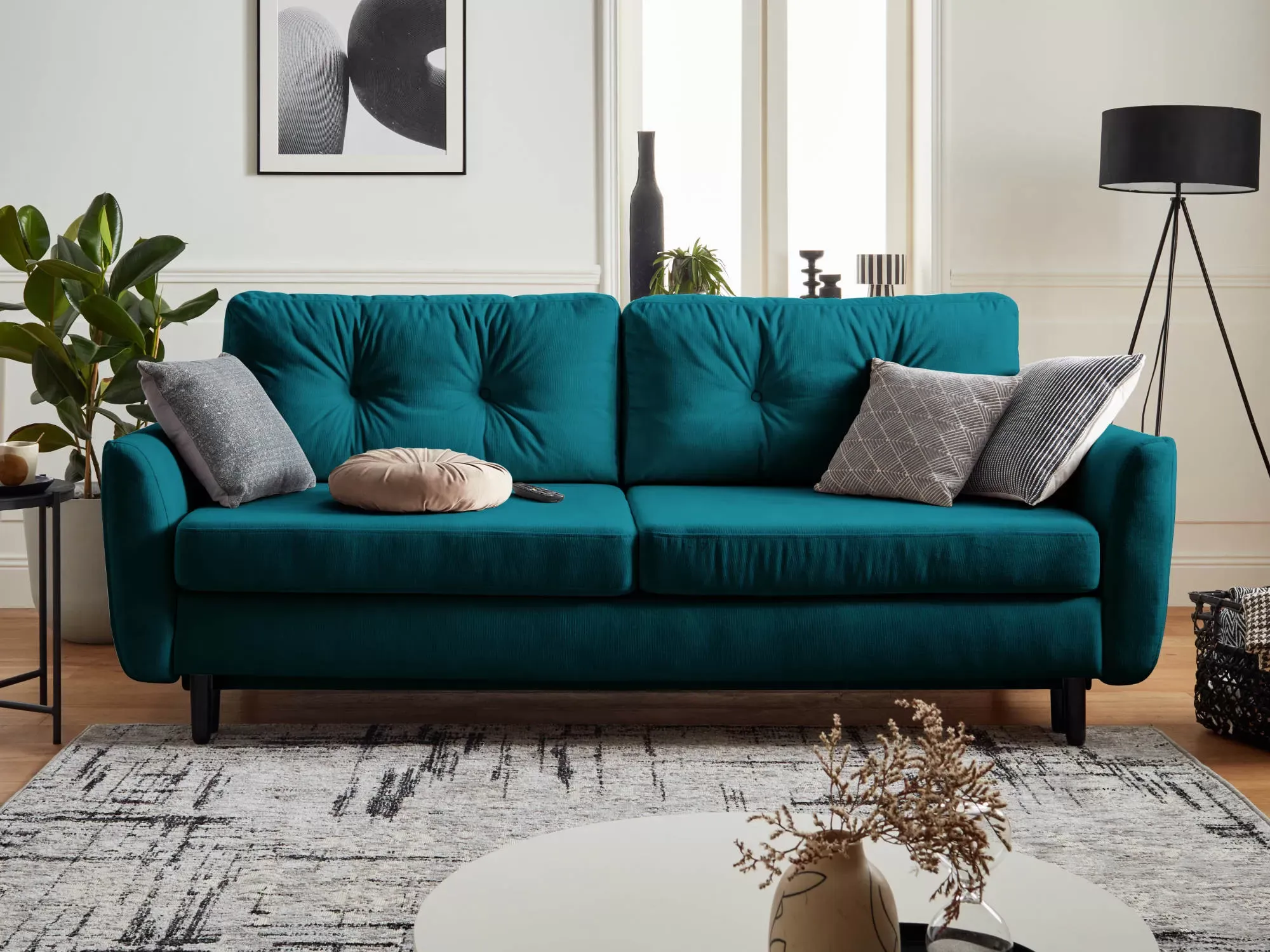 Illustration numéro 3 du produit Canapé droit convertible 3 places en velours bleu canard