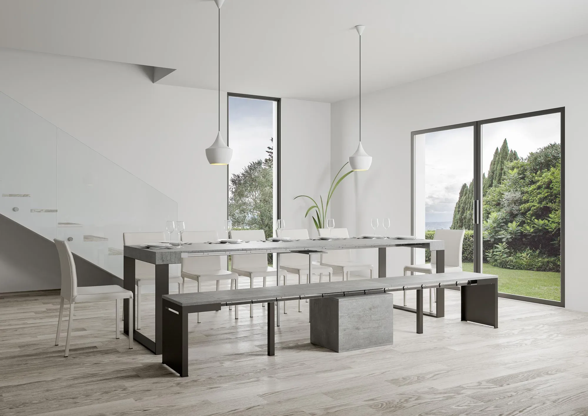 Illustration numéro 3 du produit Banc extensible 55x40/305 effet bois gris béton rallonges internes