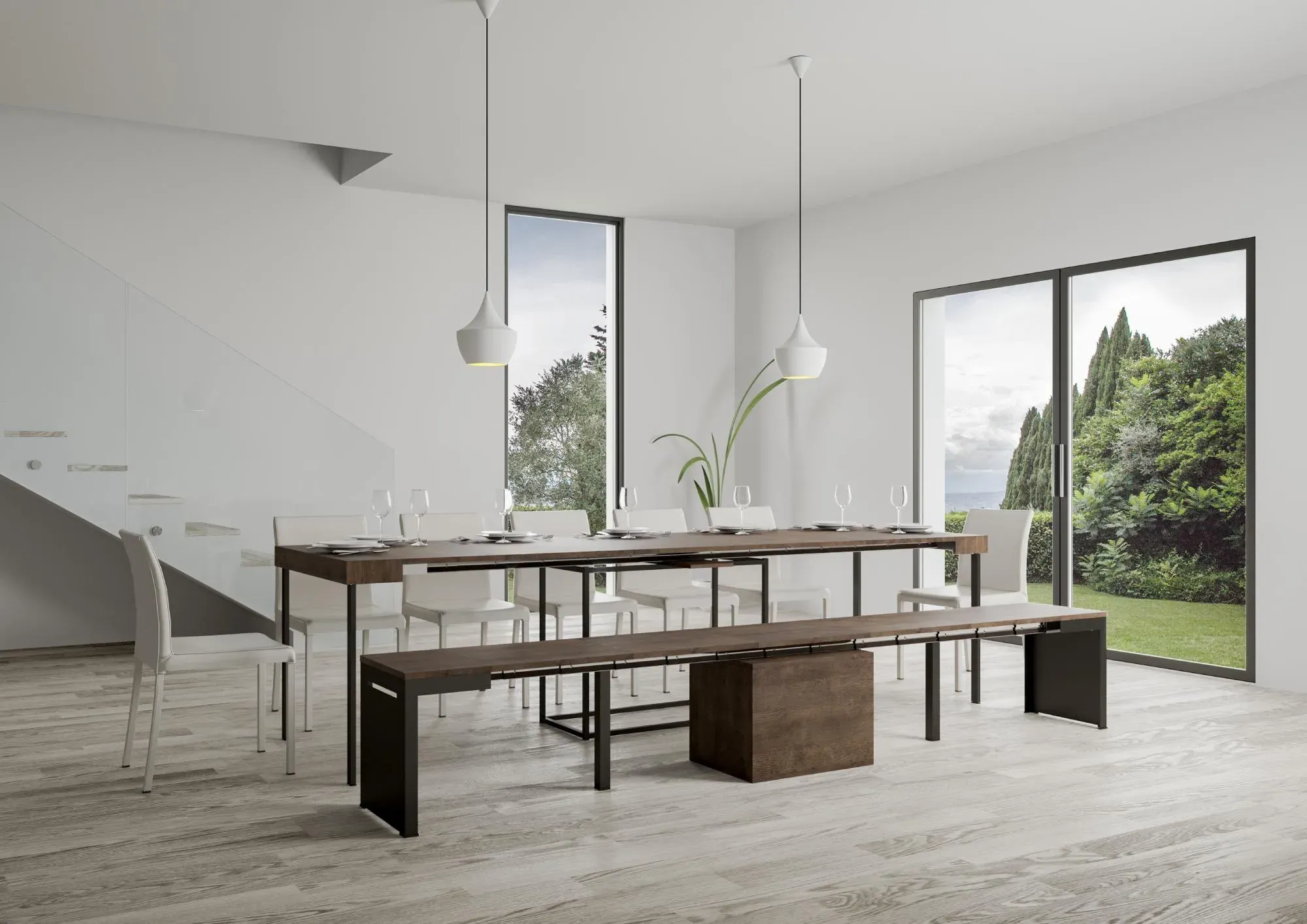 Illustration numéro 3 du produit Banc extensible 55x40/305 effet bois noyer rallonges internes