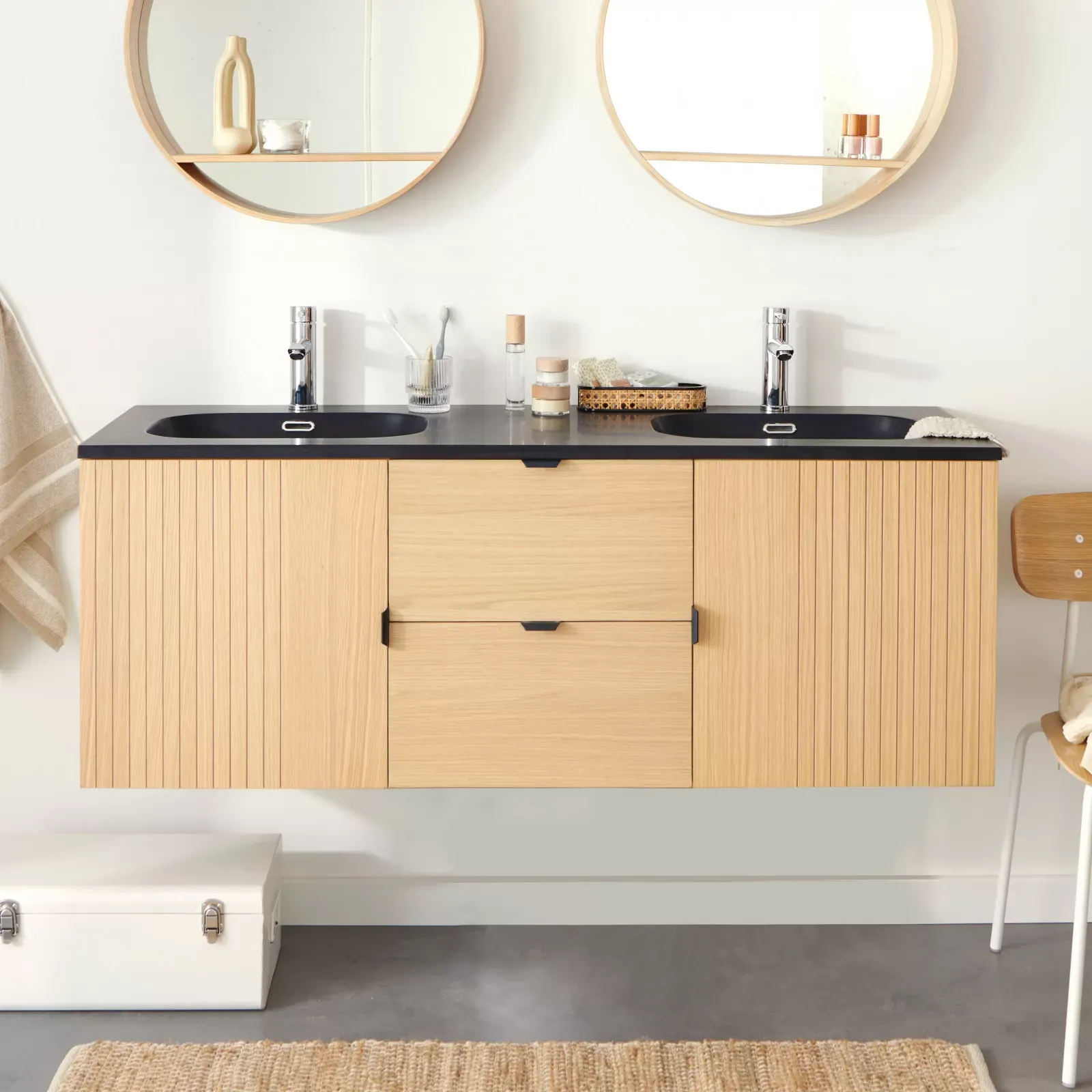 Illustration numéro 3 du produit Meuble double 140cm chêne  suspendu avec plan résine