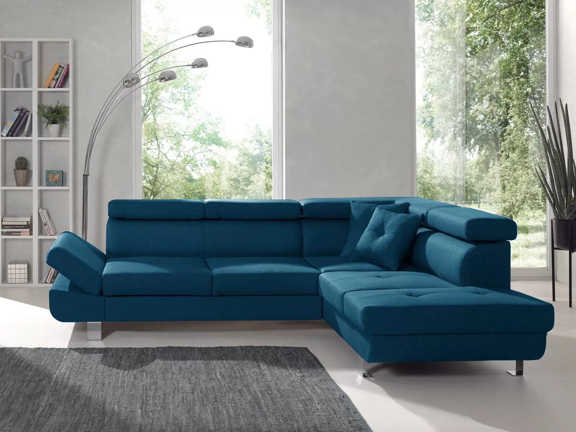 Illustration numéro 3 du produit Canapé d'angle droit convertible 5 places en tissu bleu canard