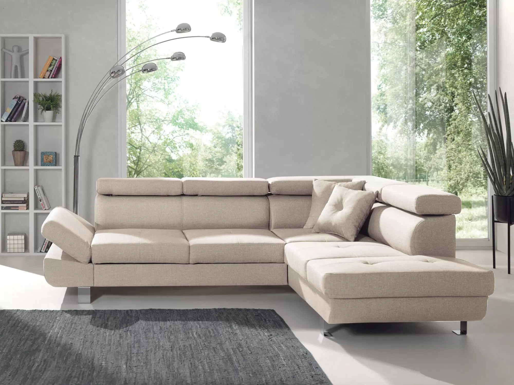 Illustration numéro 3 du produit Canapé d'angle droit convertible 5 places en tissu beige