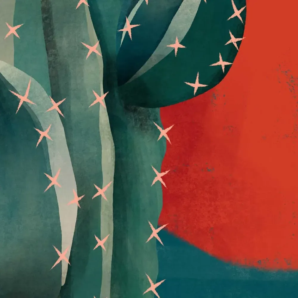 Illustration numéro 3 du produit Affiche illustration cactus et soleil rouge avec cadre noir 30x30 cm