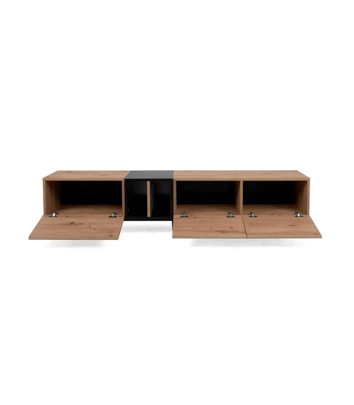 Illustration numéro 3 du produit Meuble TV 3 Portes 2 Niches L 195 cm - Décor Bois clair et Noir