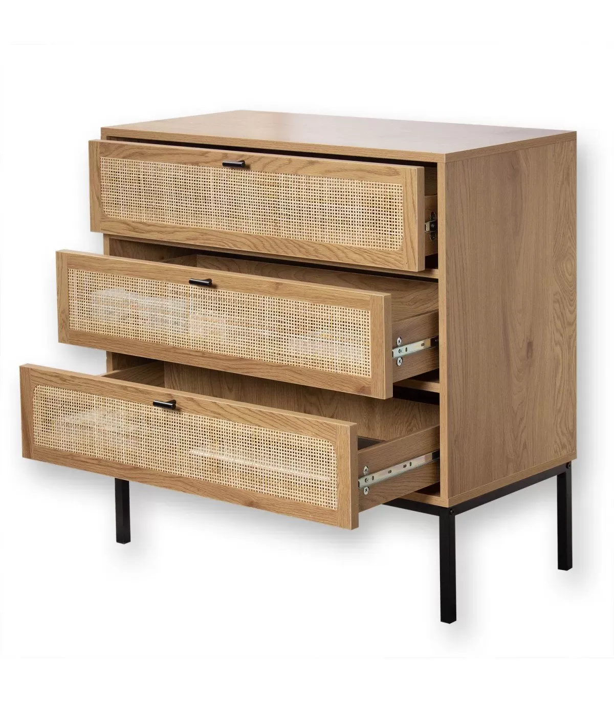 Illustration numéro 3 du produit Commode 3 tiroirs décor chêne et façade en rotin - L80 x P39 cm