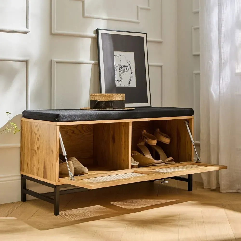 Illustration numéro 3 du produit Banc d'entrée avec rangements effet bois et façade en rotin L100 cm