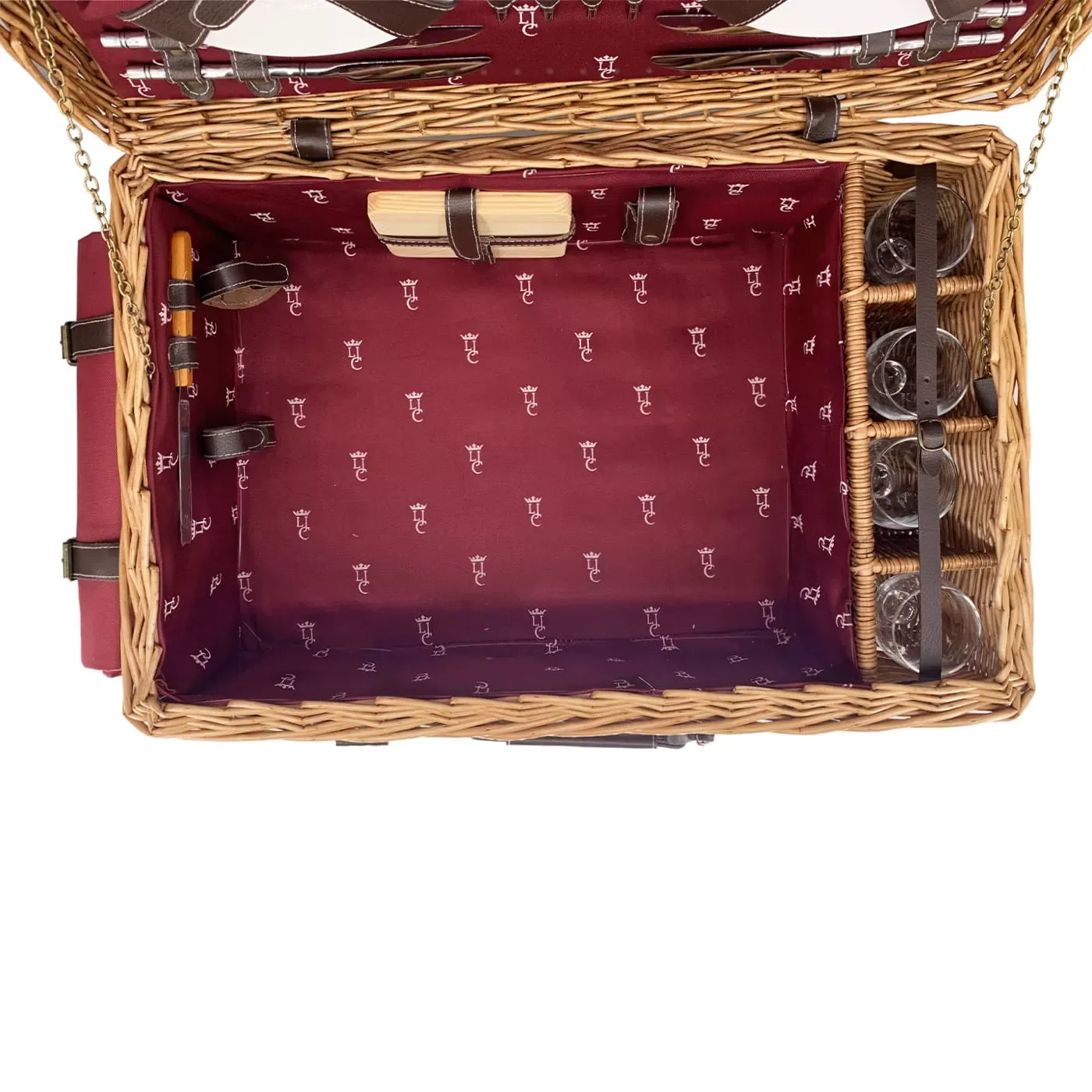 Illustration numéro 3 du produit Malle pique-nique osier et cuir Champs-Elysées bordeaux - 4 personnes