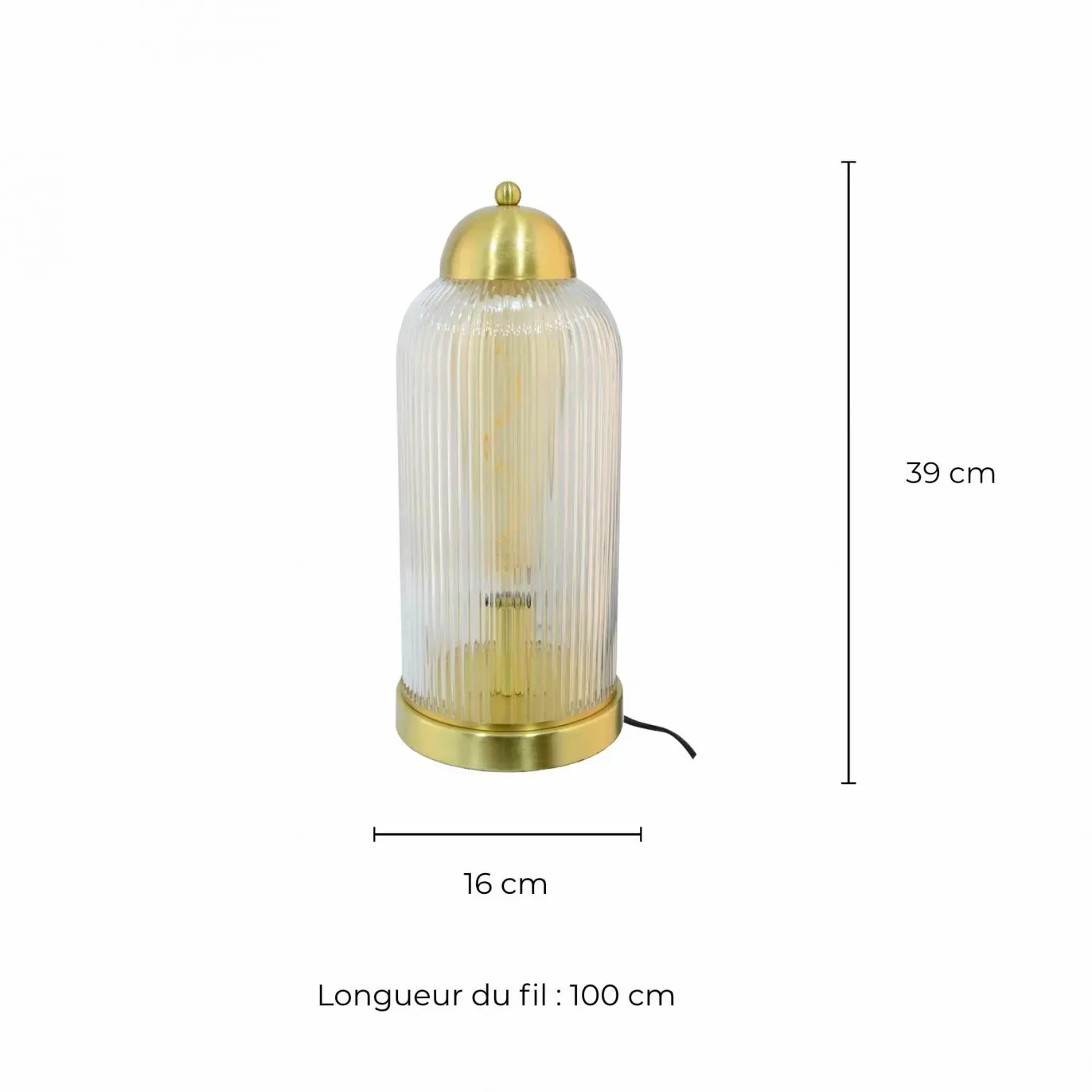 Illustration numéro 3 du produit Lampe en métal doré, cloche en verre strié transparent