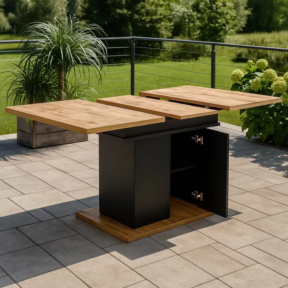 Illustration numéro 3 du produit Table d'extérieur extensible avec rangement intégré et plateau bois