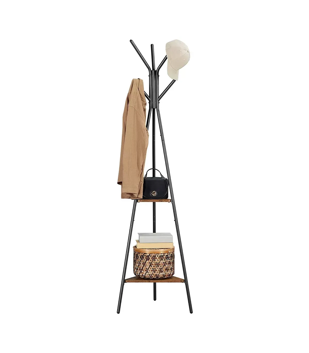 Illustration numéro 3 du produit Porte-manteau sur pieds avec 2 étagères - H179 cm - Noir