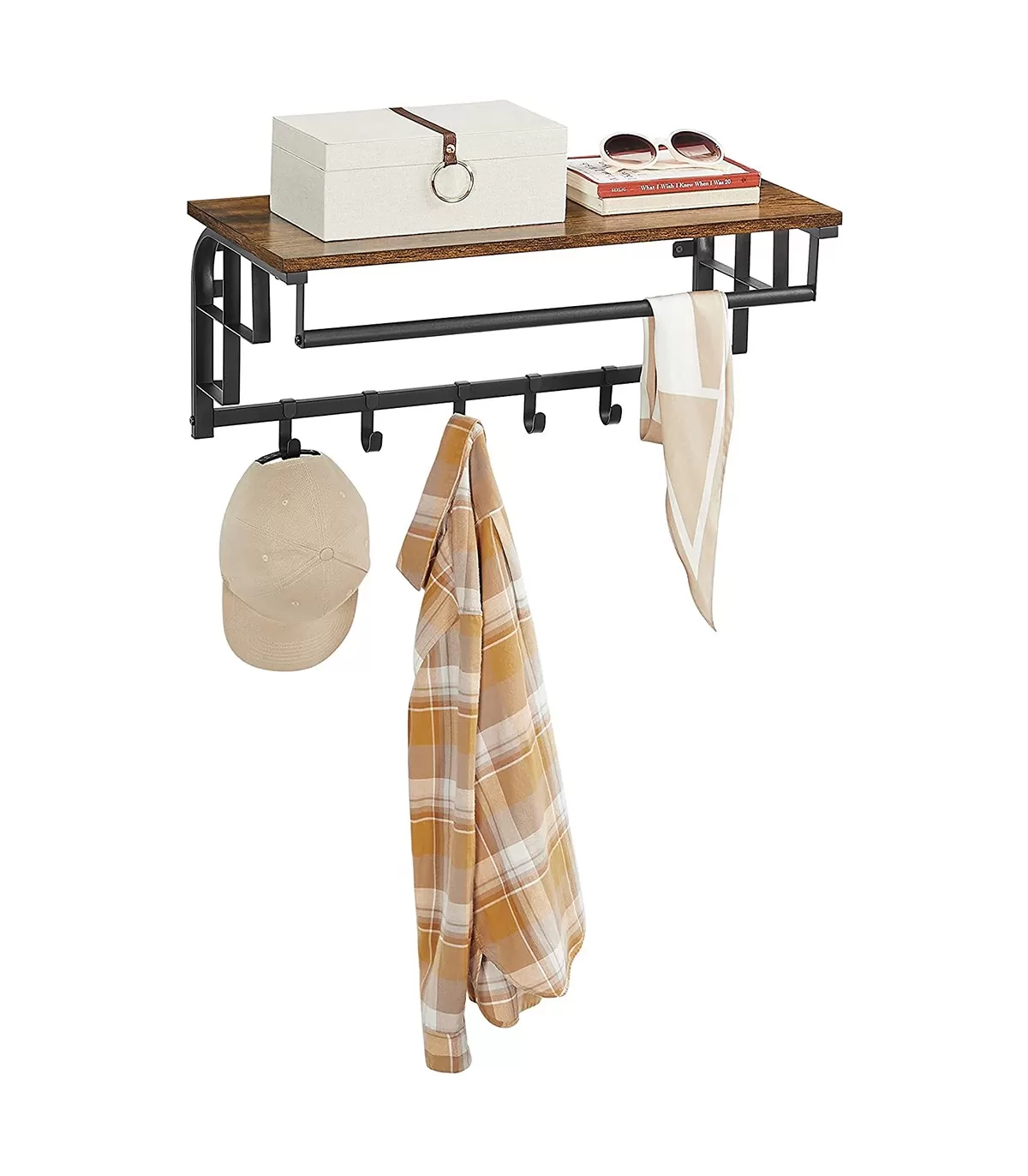 Illustration numéro 3 du produit Porte-manteau mural 5 crochets et tringle - L66 cm - Effet Bois foncé
