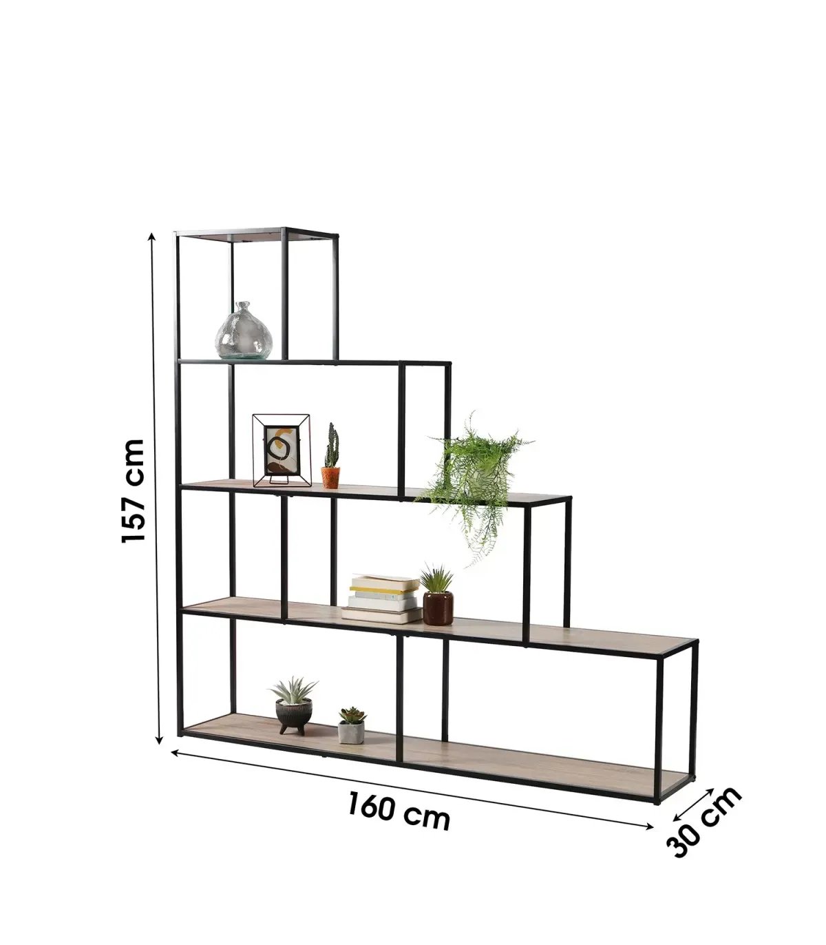 Illustration numéro 3 du produit Bibliothèque escalier 5 étagères L160 cm - Décor Bois et Métal Noir