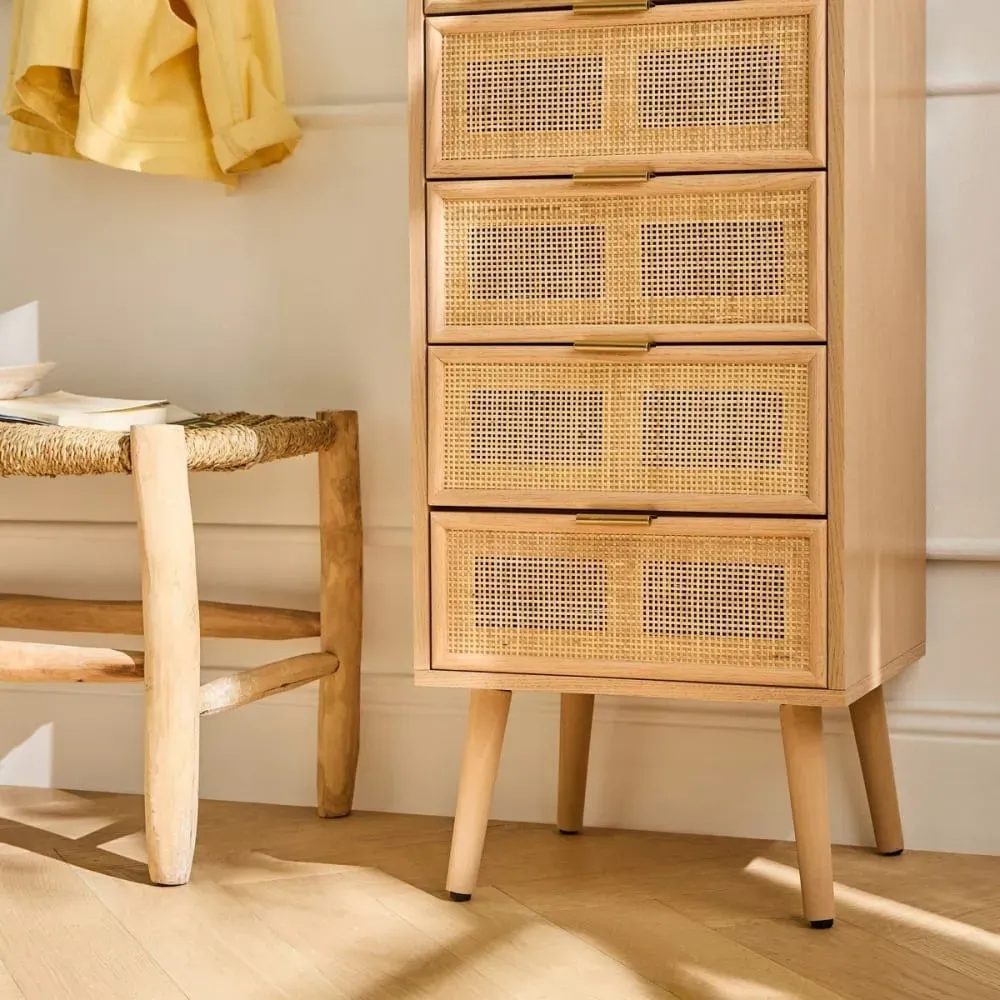 Illustration numéro 3 du produit Chiffonnier 5 tiroirs façades en rotin naturel - H100 cm