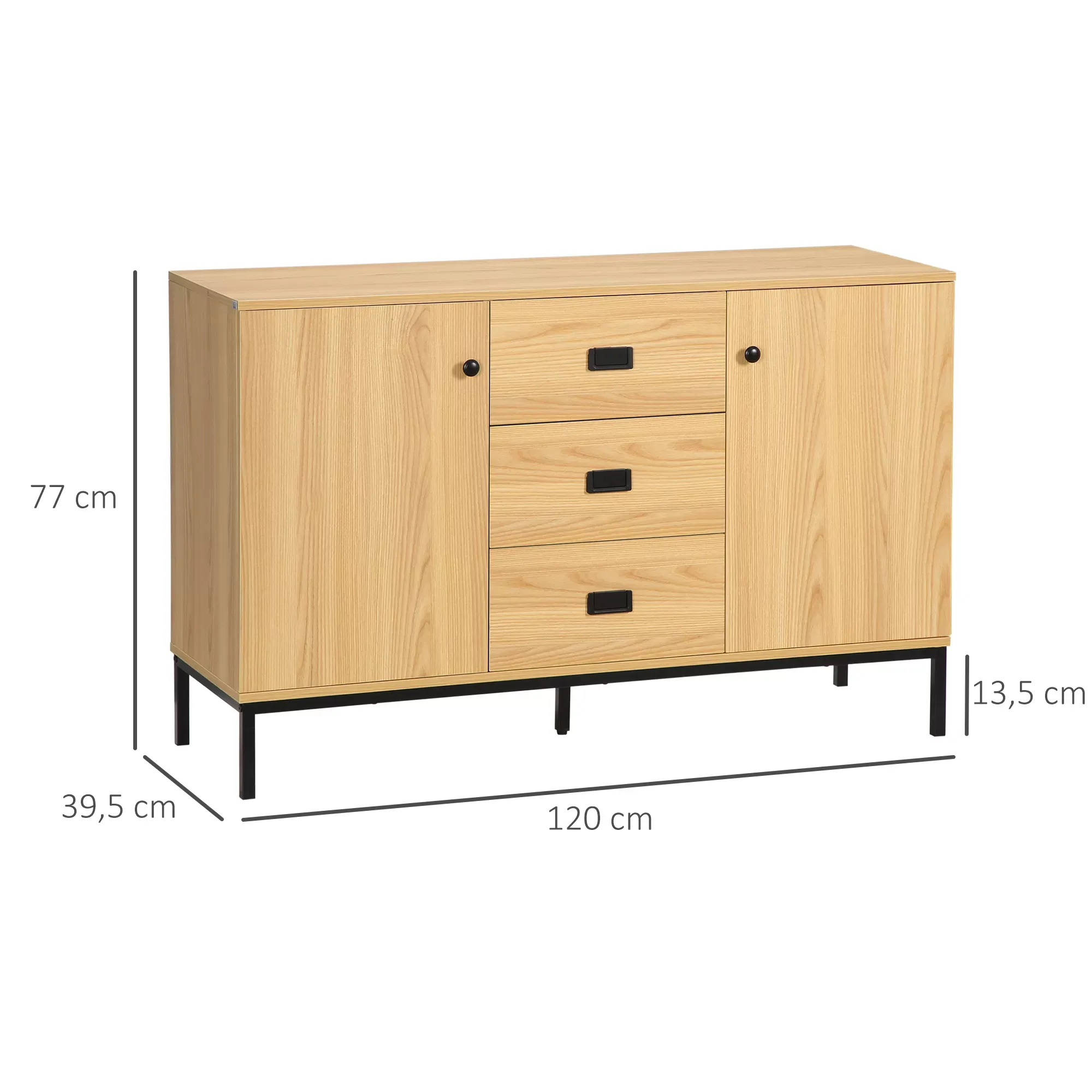 Illustration numéro 3 du produit Buffet industriel - 2 portes, 3 tiroirs - métal noir aspect bois clair