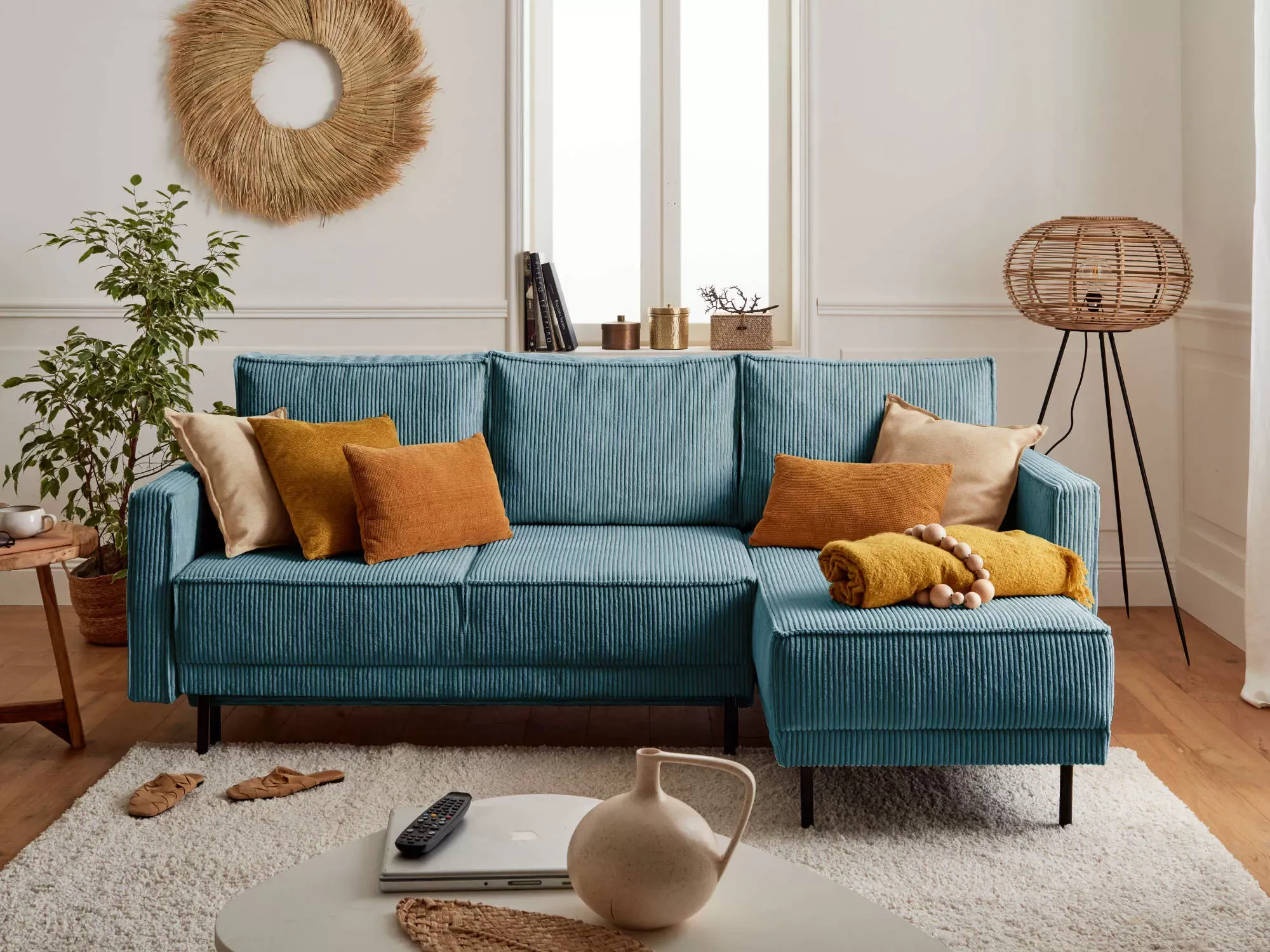 Illustration numéro 3 du produit Canapé d'angle réversible convertible 4 places en velours côtelé bleu