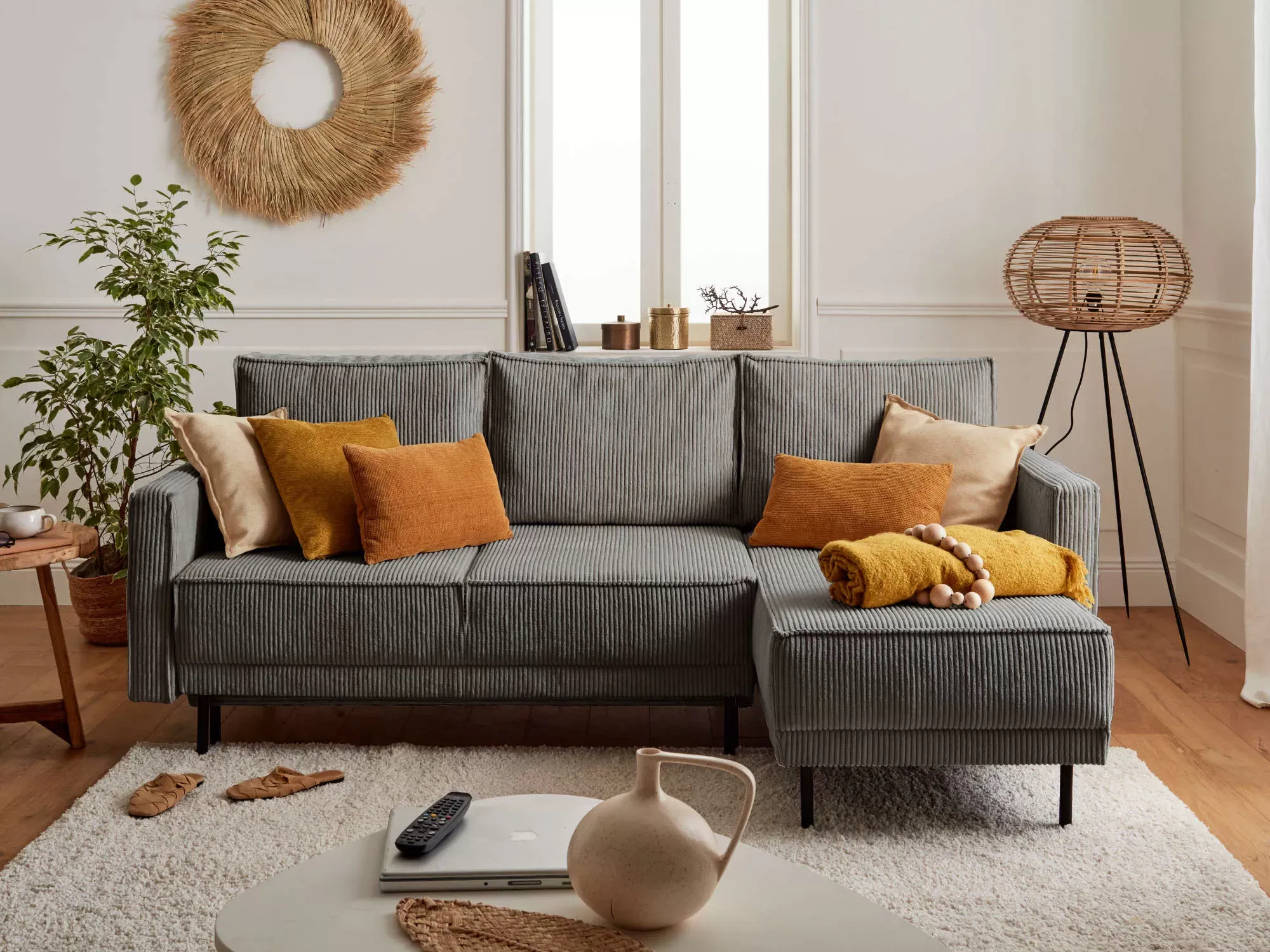 Illustration numéro 3 du produit Canapé d'angle réversible convertible 4 places en velours côtelé gris