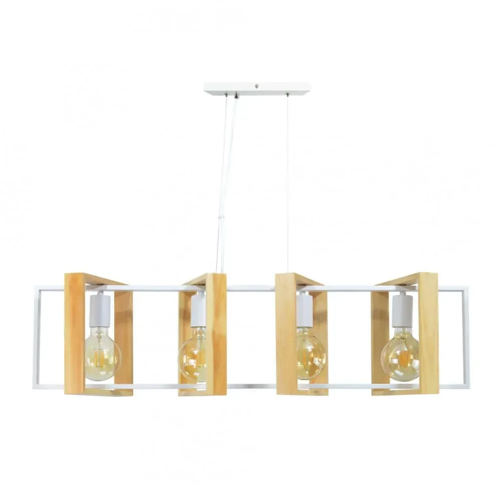 Illustration numéro 3 du produit Suspension 4 lumières en métal blanc et bois naturel