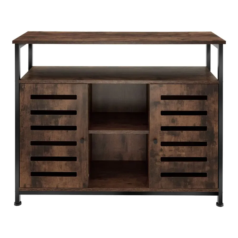 Illustration numéro 3 du produit Buffet style industriel 2 portes magnétiques et 3 étagères Bois foncé