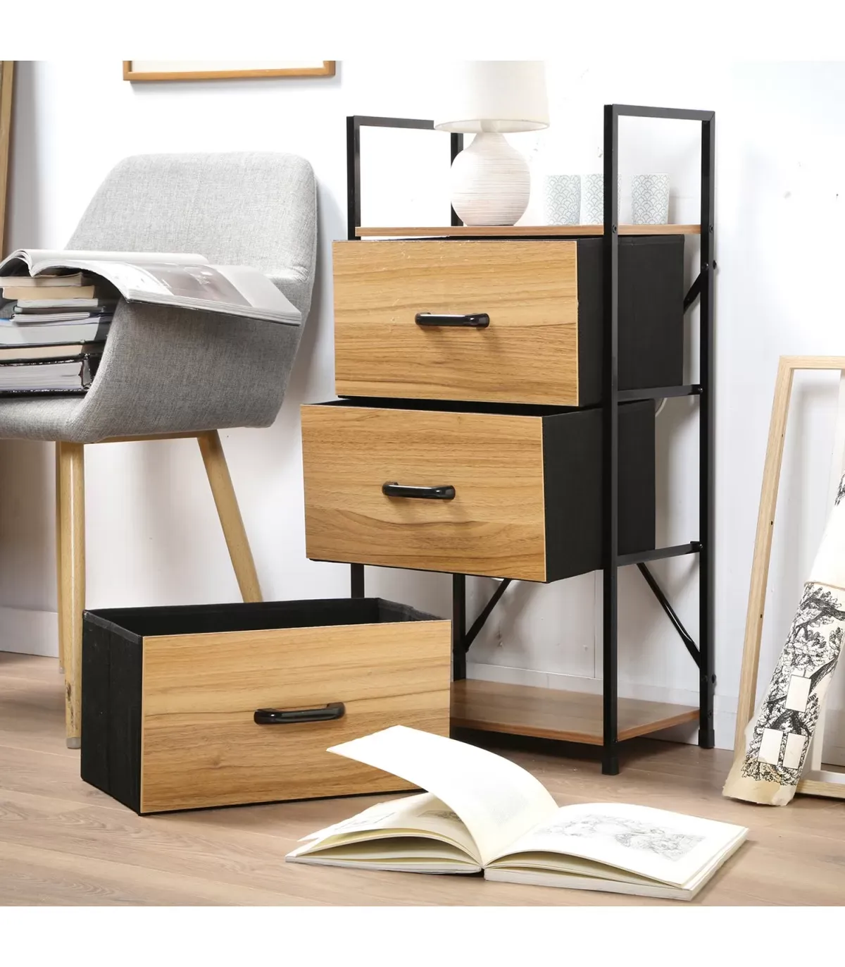 Illustration numéro 3 du produit Chiffonnier 3 tiroirs façade effet bois - L40 x H80 cm