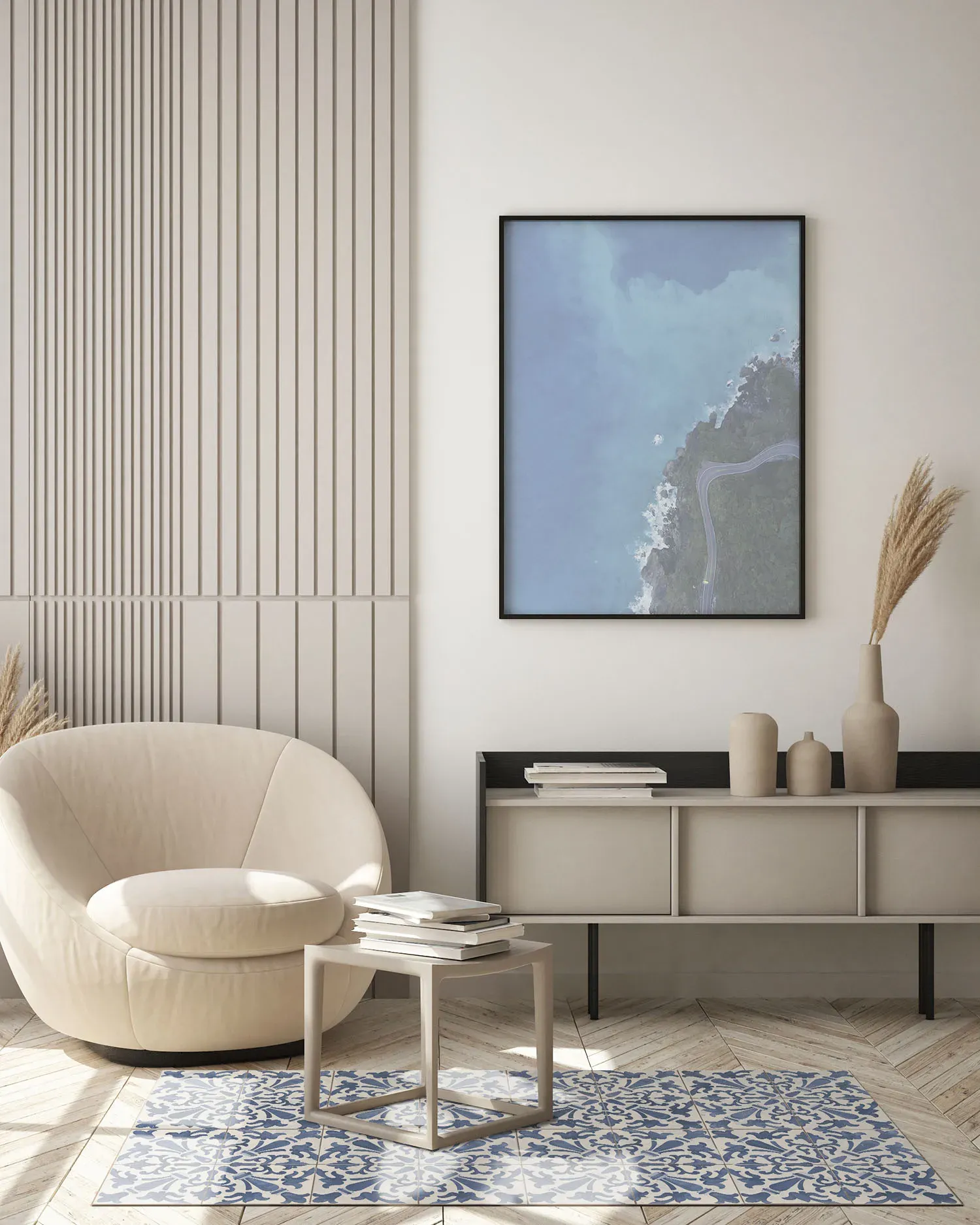 Illustration numéro 3 du produit Tapis vinyle carreaux ciments géométrique bleu 200x200cm