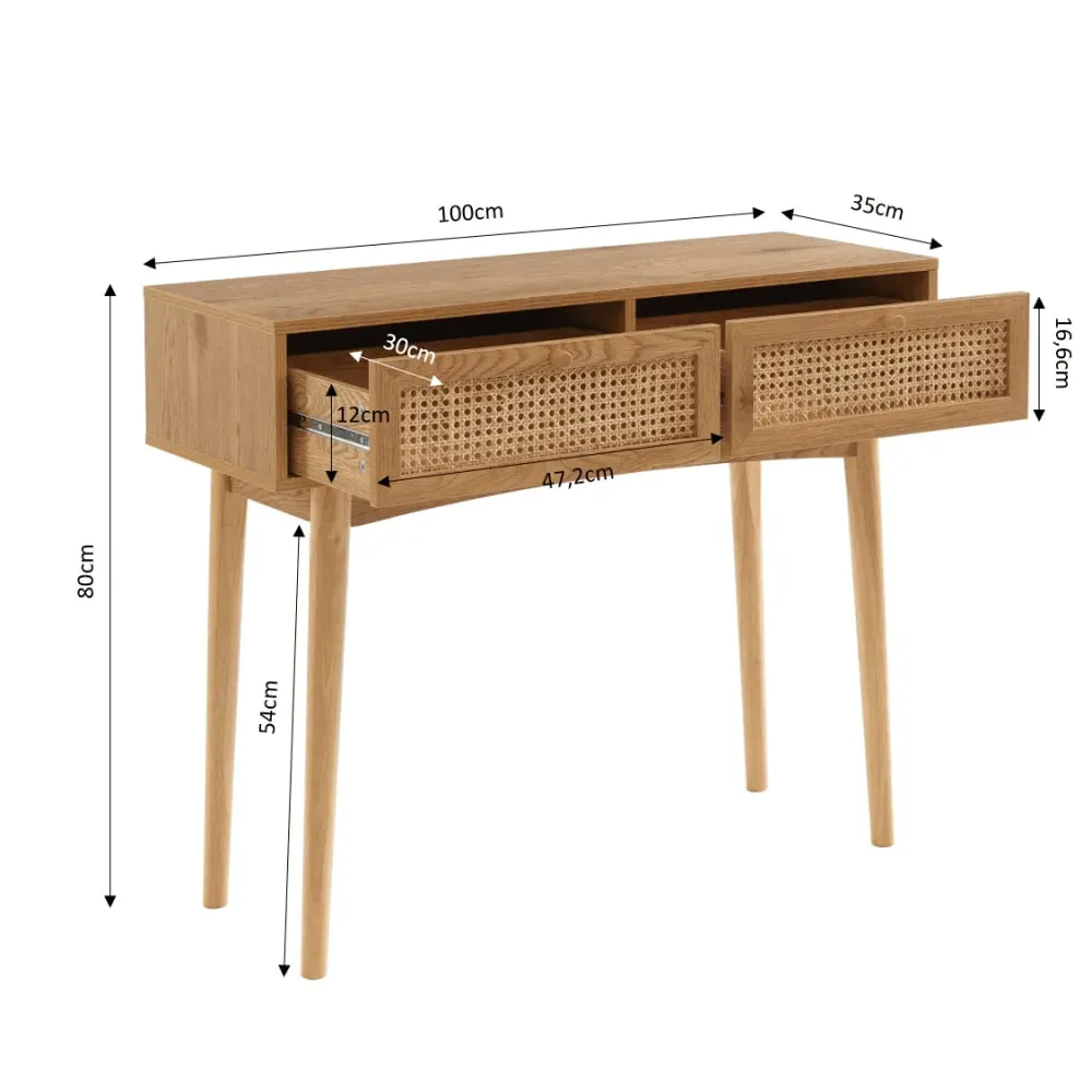 Illustration numéro 3 du produit Console  effet chêne et cannage rotin 100cm