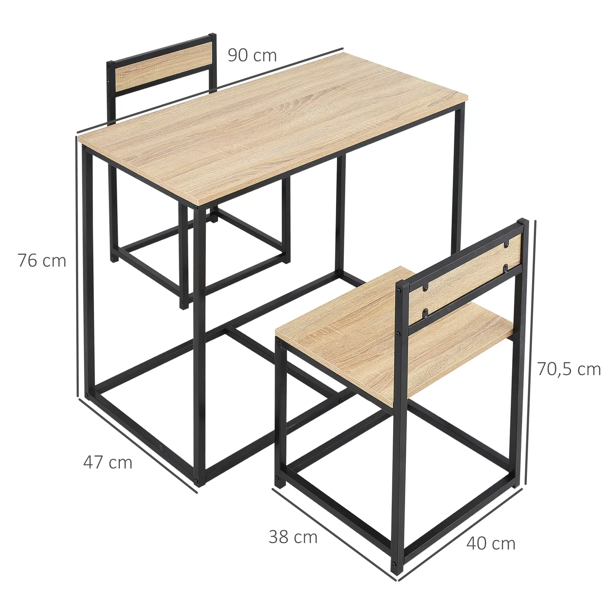 Illustration numéro 3 du produit Ensemble table 2 chaises style industriel métal noir aspect bois clair