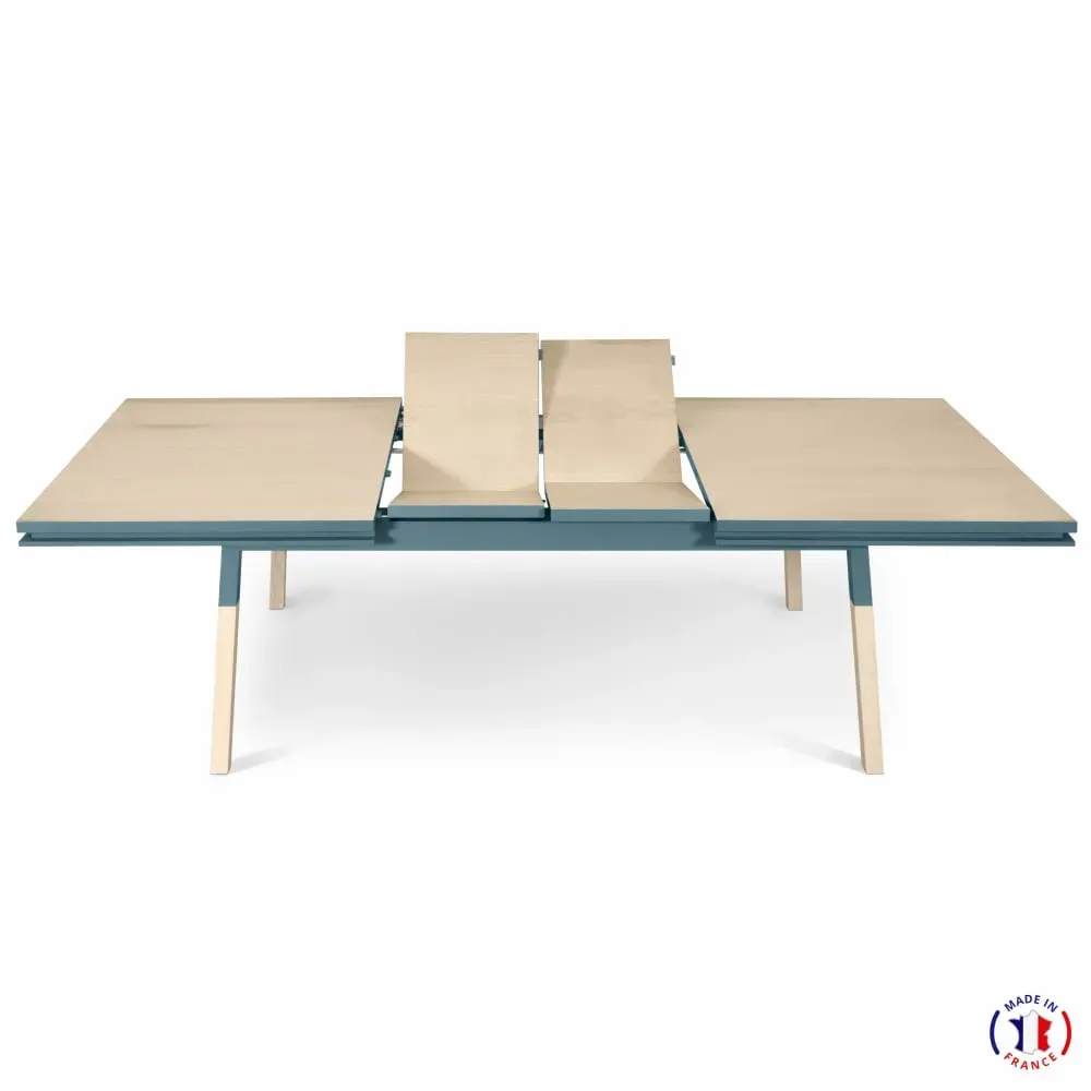 Illustration numéro 3 du produit Table 200x100 cm en frêne massif, 2 rallonges bleu briac