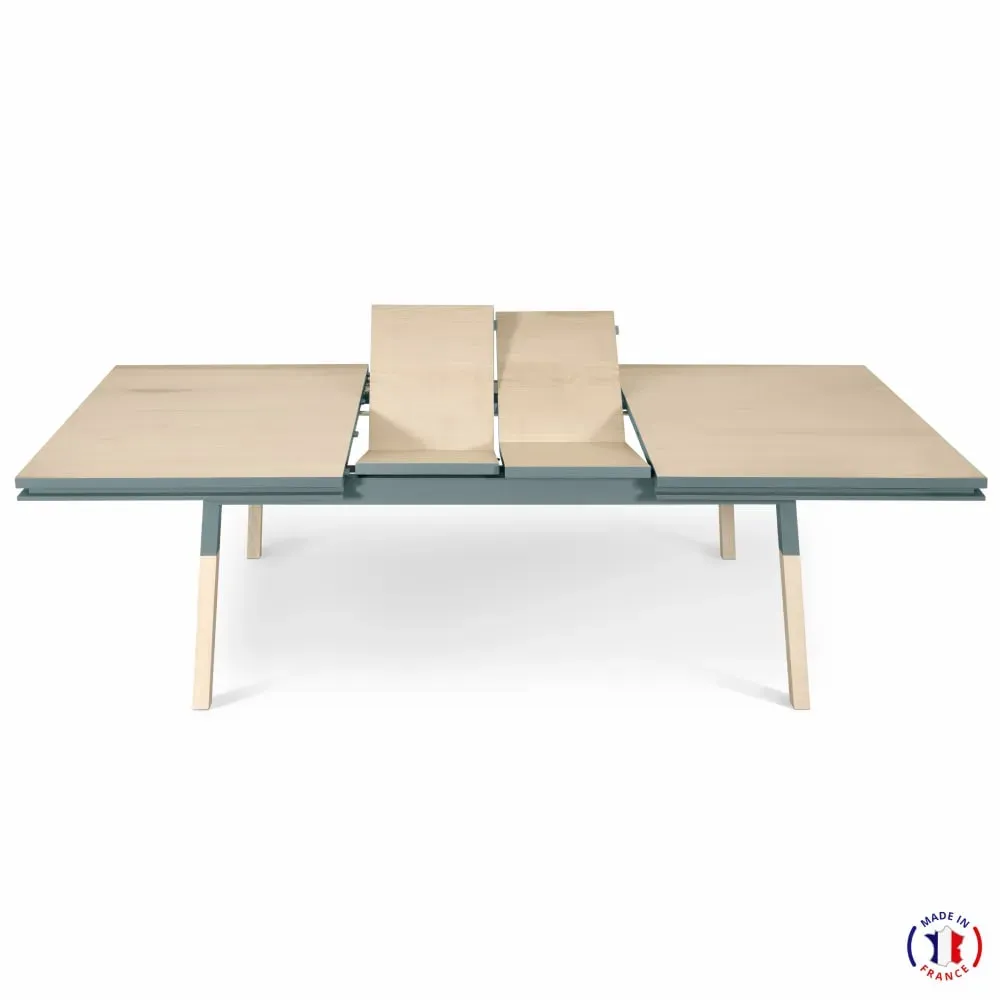 Illustration numéro 3 du produit Table 200x100 cm en frêne massif, 2 rallonges bleu gris lehon