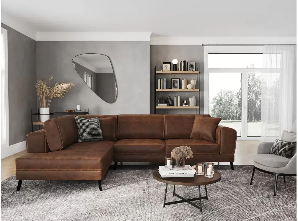 Illustration numéro 3 du produit Canapé d'angle gauche convertible 2 coffres en tissu marron industriel