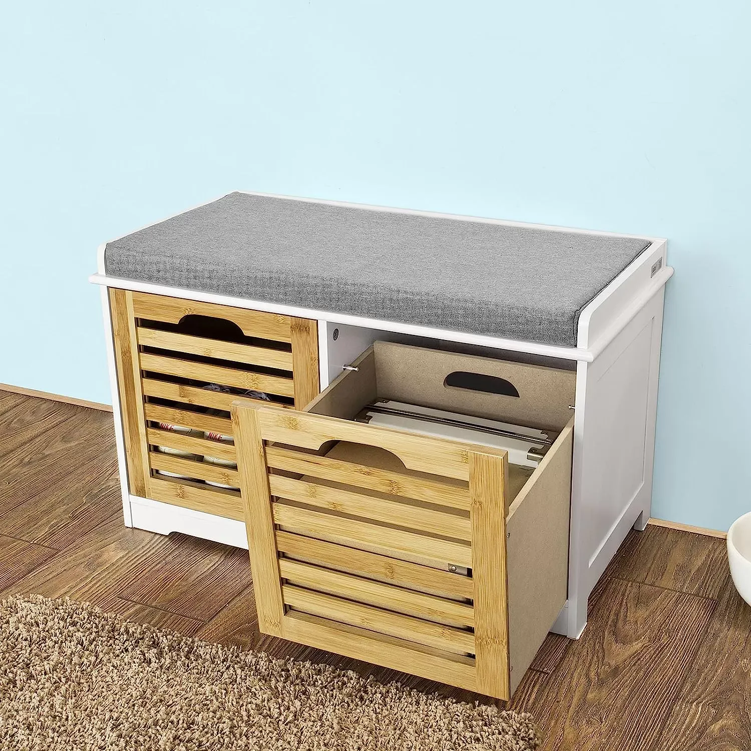 Illustration numéro 3 du produit Banc à chaussures avec coussin rembourré et 2 cubes effect bois blanc