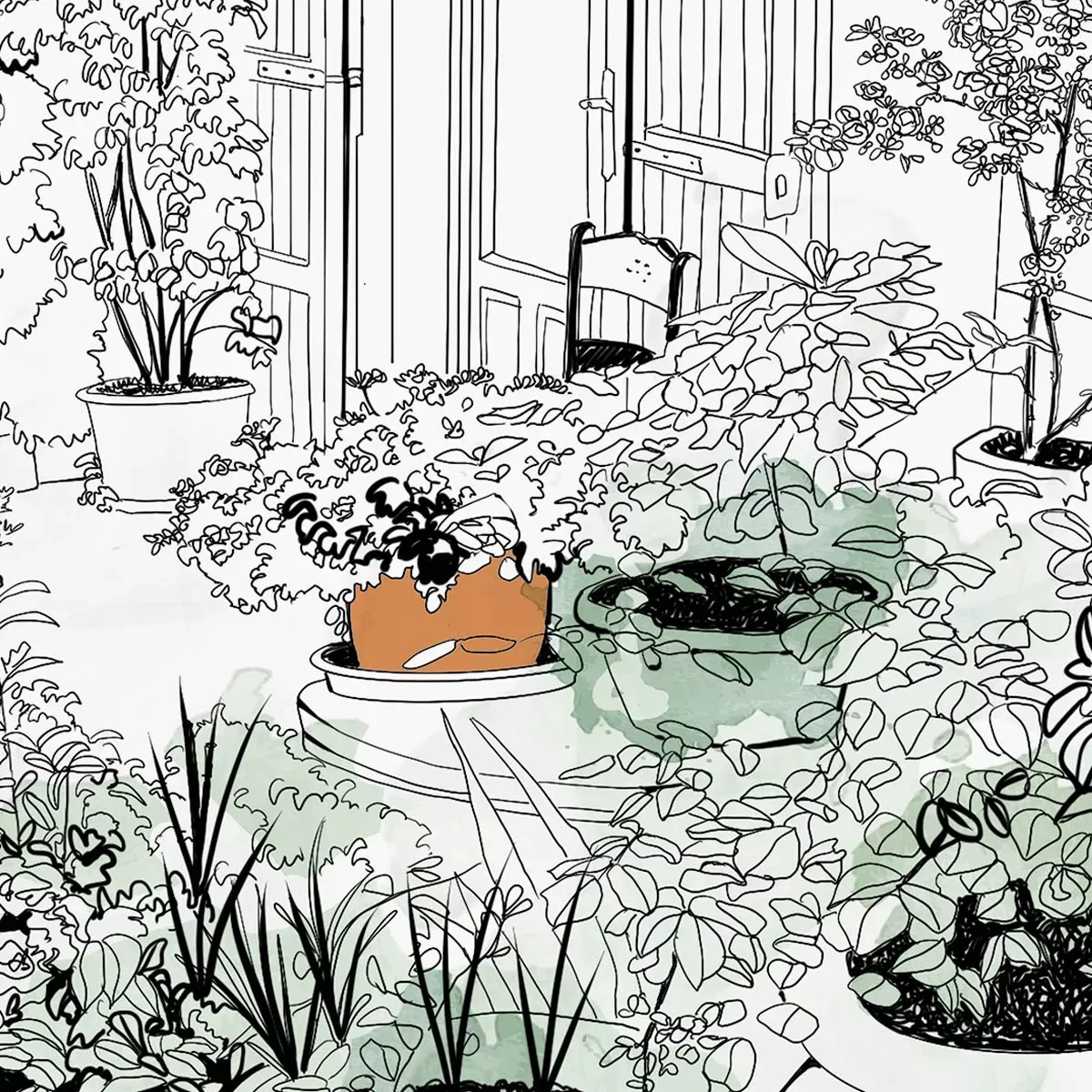 Illustration numéro 3 du produit Papier peint panoramique terrasse d'été vert 225x250cm