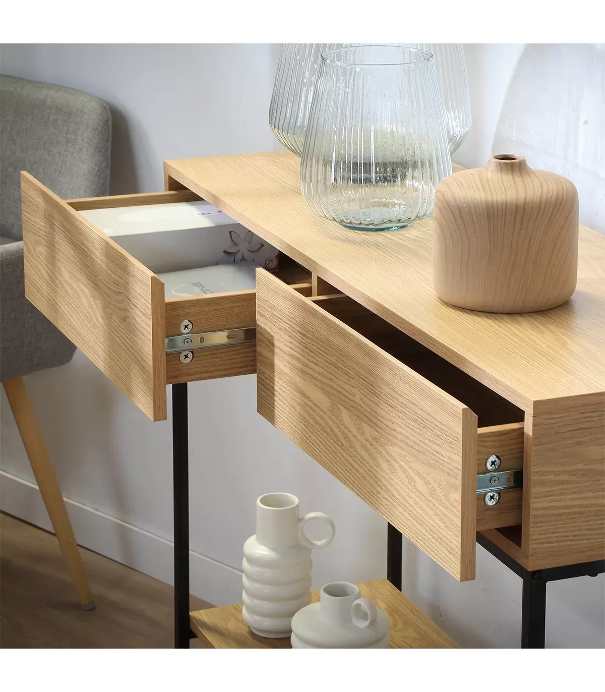 Illustration numéro 3 du produit Console 2 Tiroirs 1 Tablette Effet Bois - L100 x H81 cm