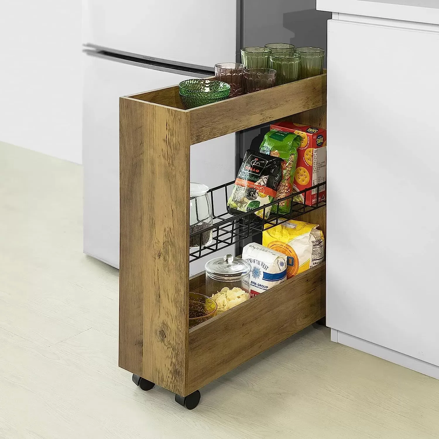 Illustration numéro 3 du produit Chariot de rangement 3 niveaux en métal et en bois naturel