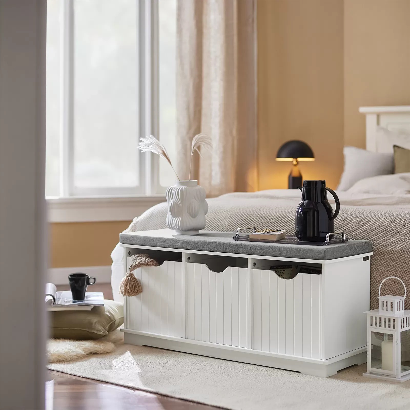 Illustration numéro 3 du produit Banc de rangement avec 3 cubes et coussin rembourré effet bois blanc