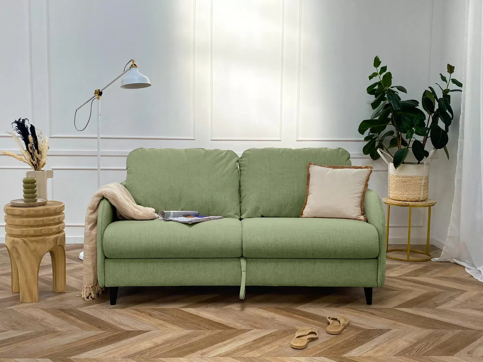 Illustration numéro 3 du produit Canapé droit convertible 3 places en tissu vert sauge