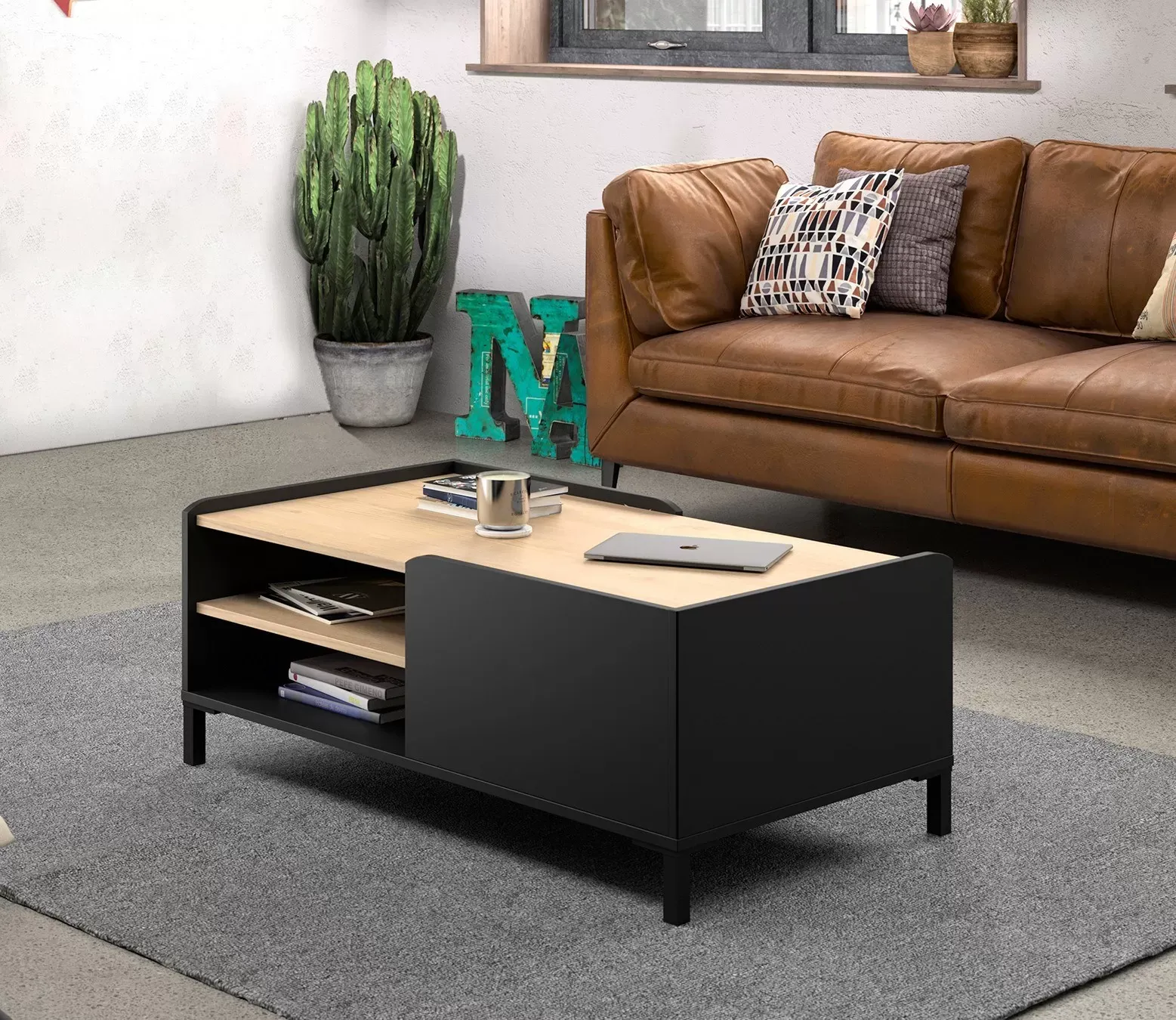 Illustration numéro 3 du produit Table basse urbaine 2 niveaux châtaignier et noir