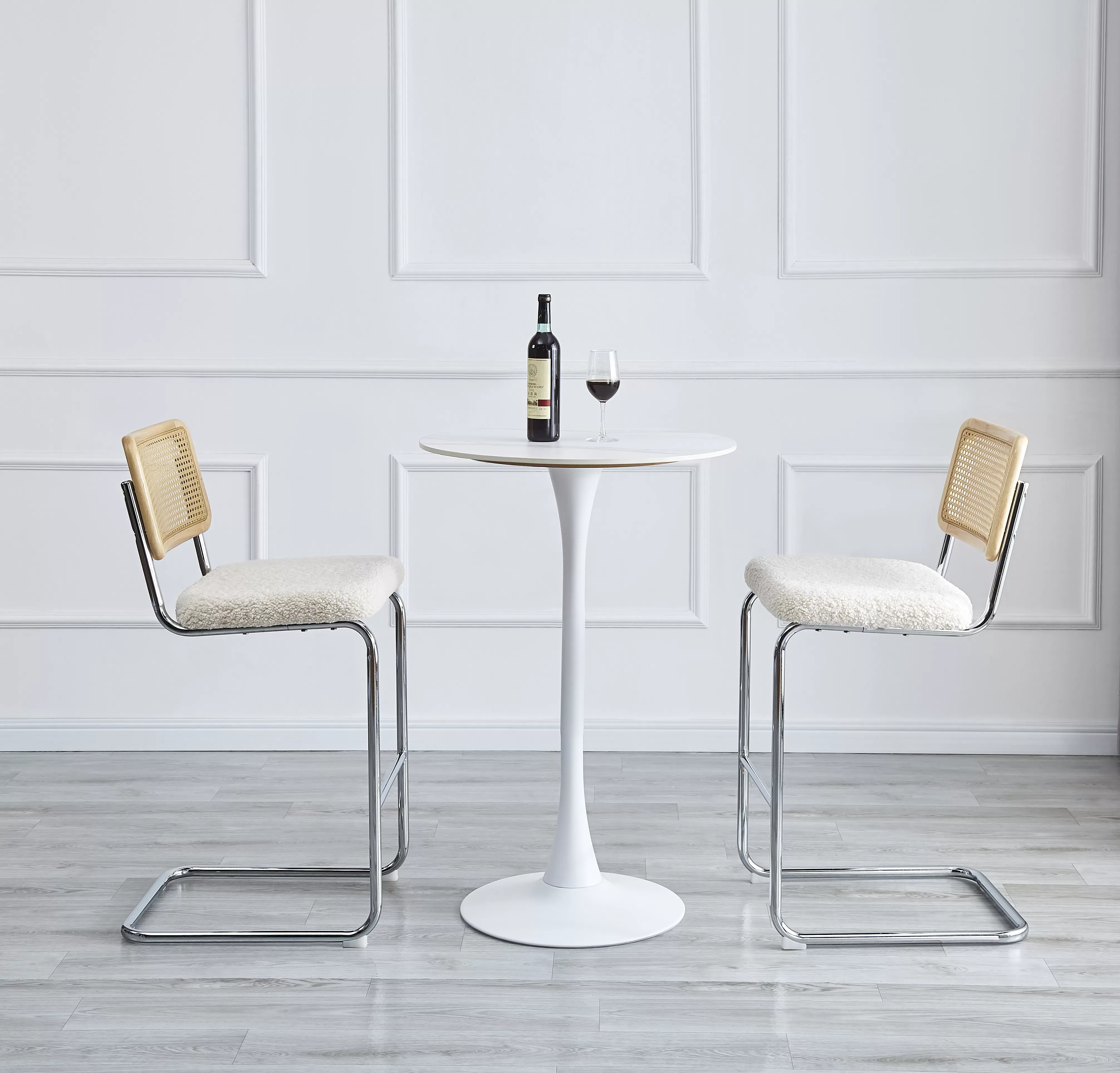 Illustration numéro 3 du produit Lot de 2 tabourets de bar en métal et cannage bouclettes blanches
