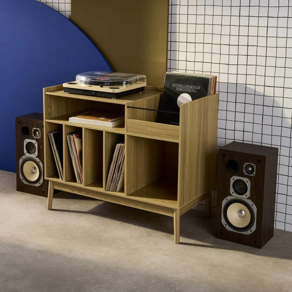Illustration numéro 3 du produit Meuble vinyle vintage en mdf effet bois de frêne, 100 cm