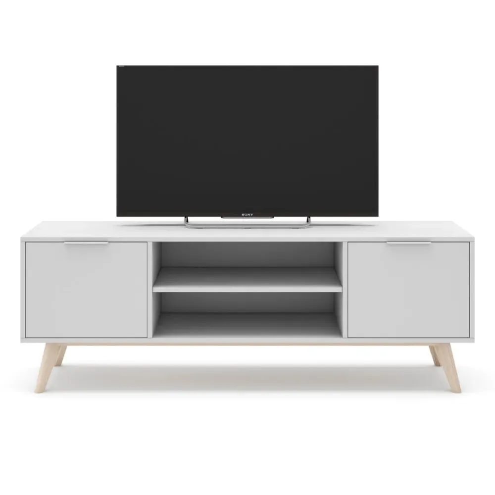 Illustration numéro 3 du produit Meuble TV 2 portes 2 niches blanc et pin massif - L140 cm