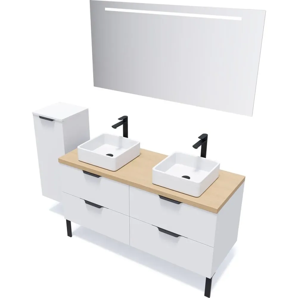 Illustration numéro 3 du produit Meuble salle de bain 2 vasques posées 140cm 4 tiroirs Blanc