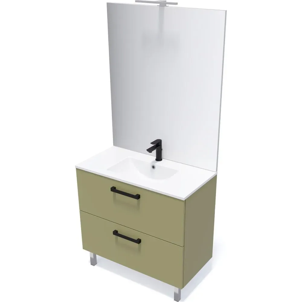 Illustration numéro 3 du produit Meuble salle de bain vasque intégrée 90cm 2 tiroirs Vert