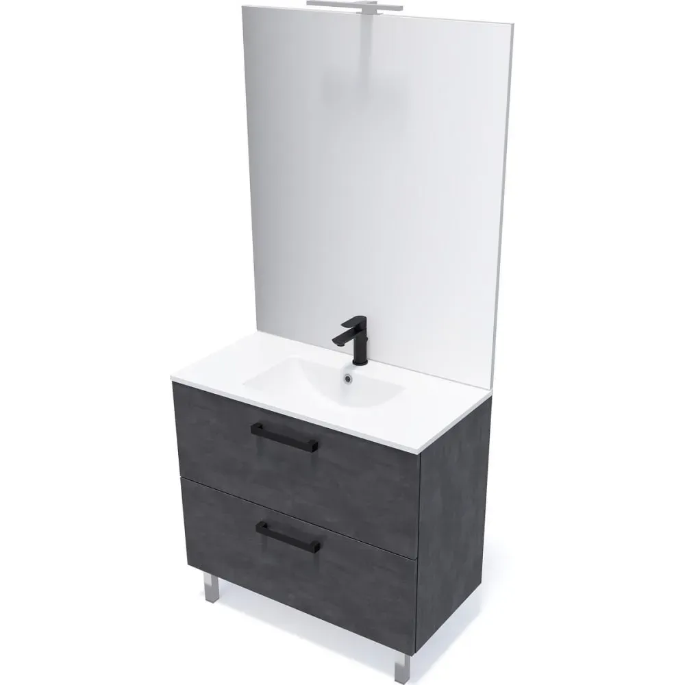 Illustration numéro 3 du produit Meuble salle de bain vasque intégrée 90cm 2 tiroirs Ardoise métallisée