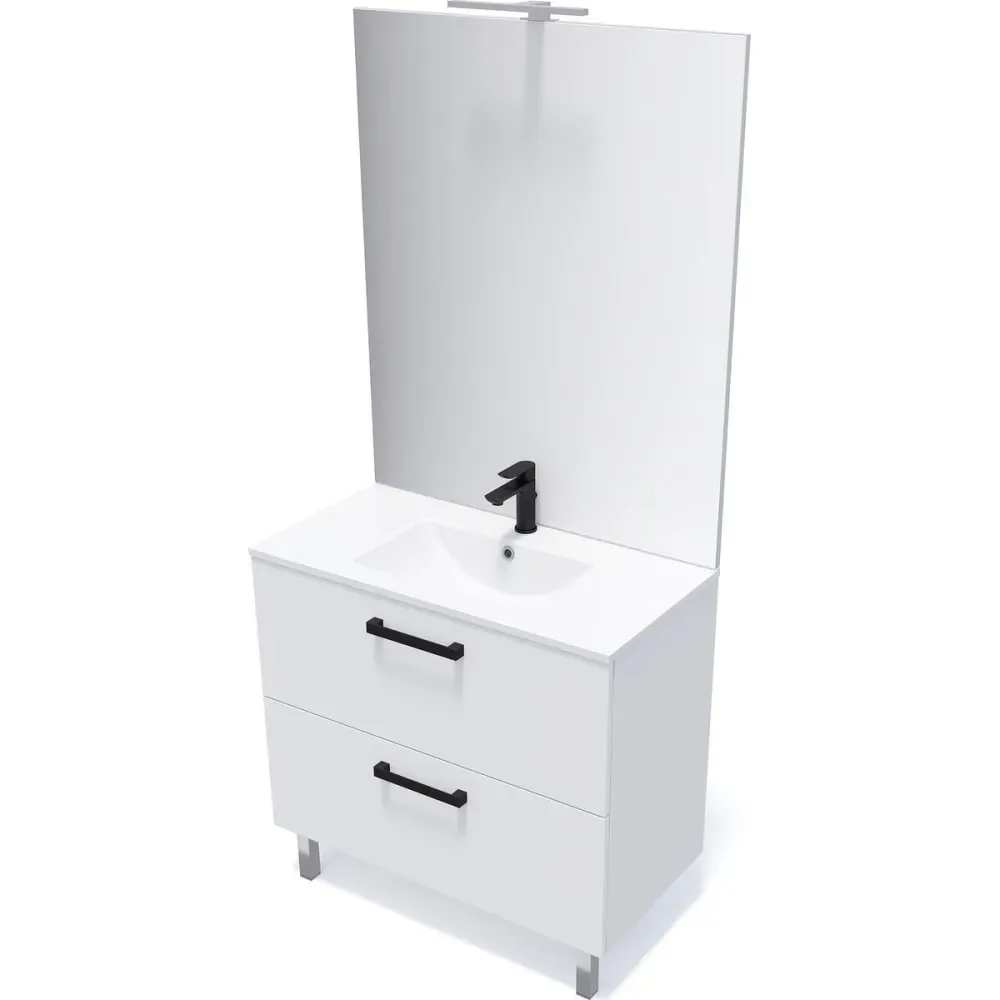 Illustration numéro 3 du produit Meuble salle de bain vasque intégrée 90cm 2 tiroirs Blanc