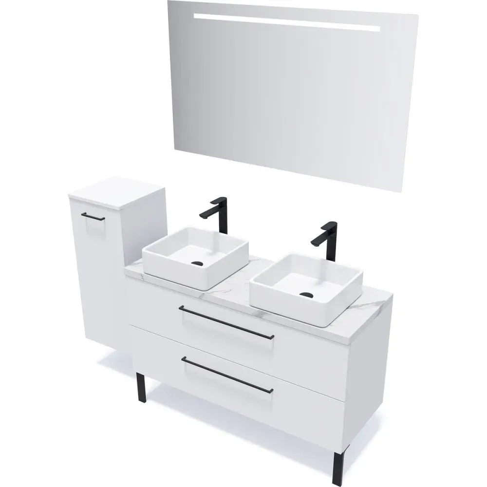 Illustration numéro 3 du produit Meuble salle de bain 2 vasques posées 120cm 2 tiroirs Blanc