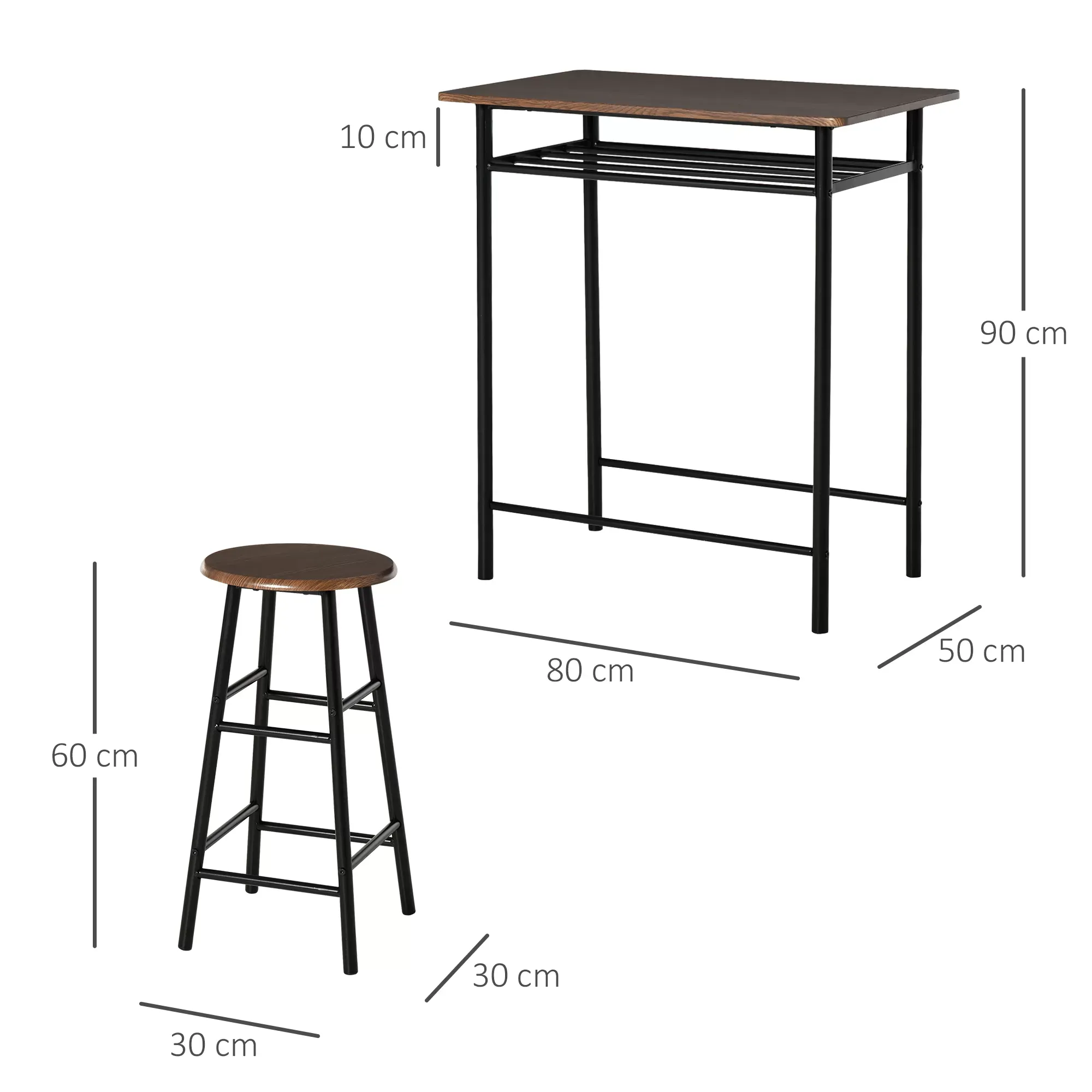 Illustration numéro 3 du produit Ensemble table bar style industriel 2 tabourets aspect bois métal noir