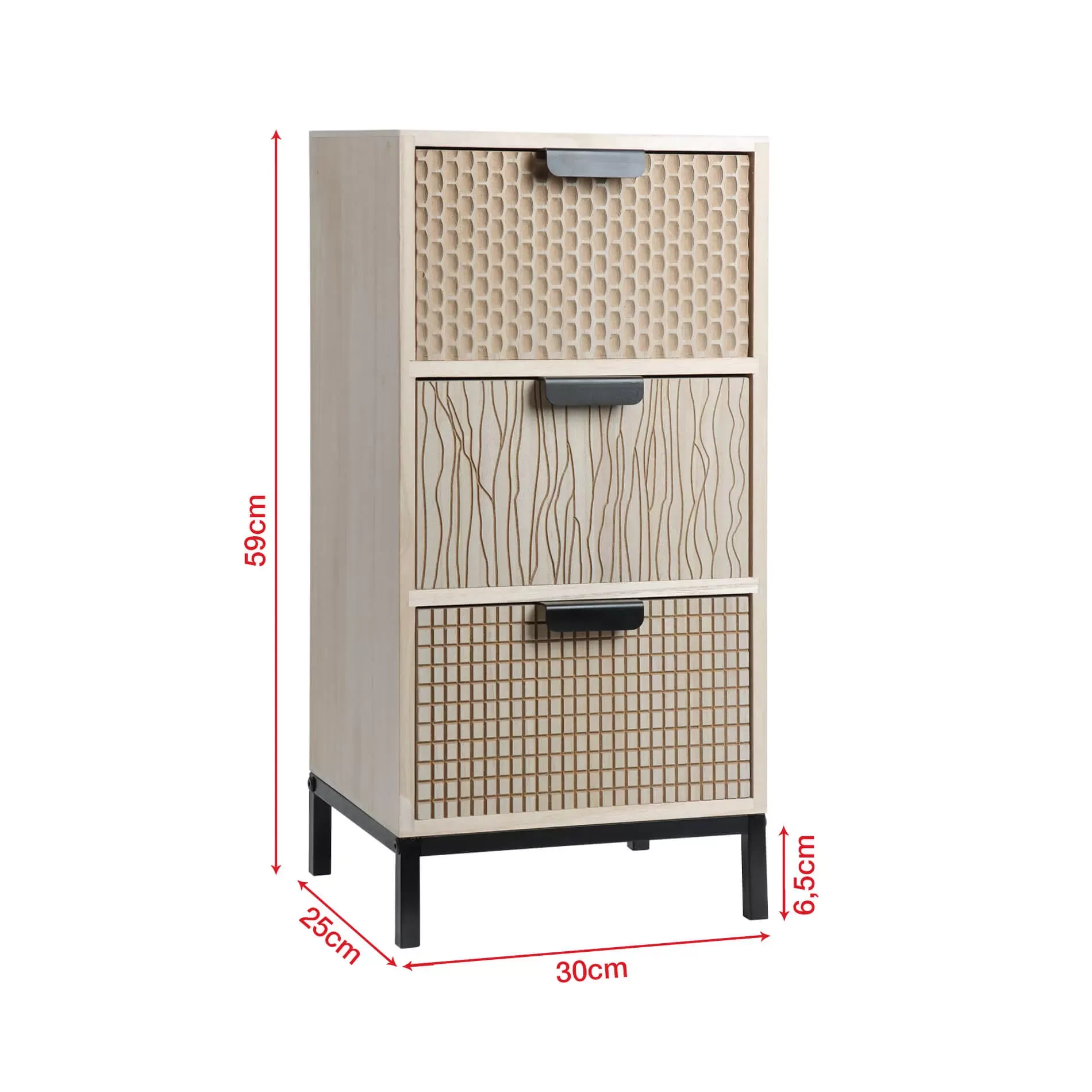Illustration numéro 3 du produit Table de chevet sculpté avec 3 tiroirs en bois et métal marron clair