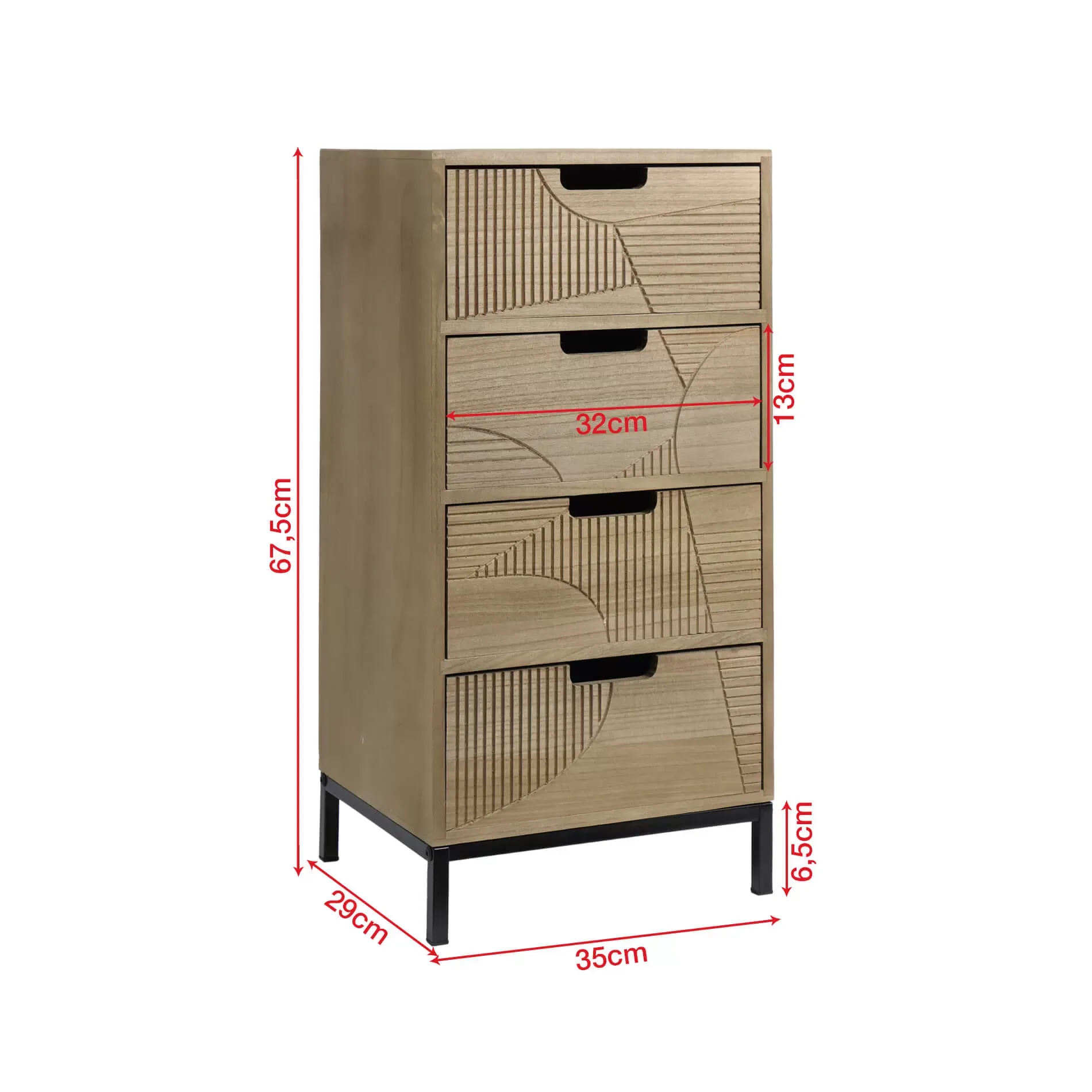 Illustration numéro 3 du produit Chiffonnier sculpté avec 4 tiroirs en bois et métal marron clair