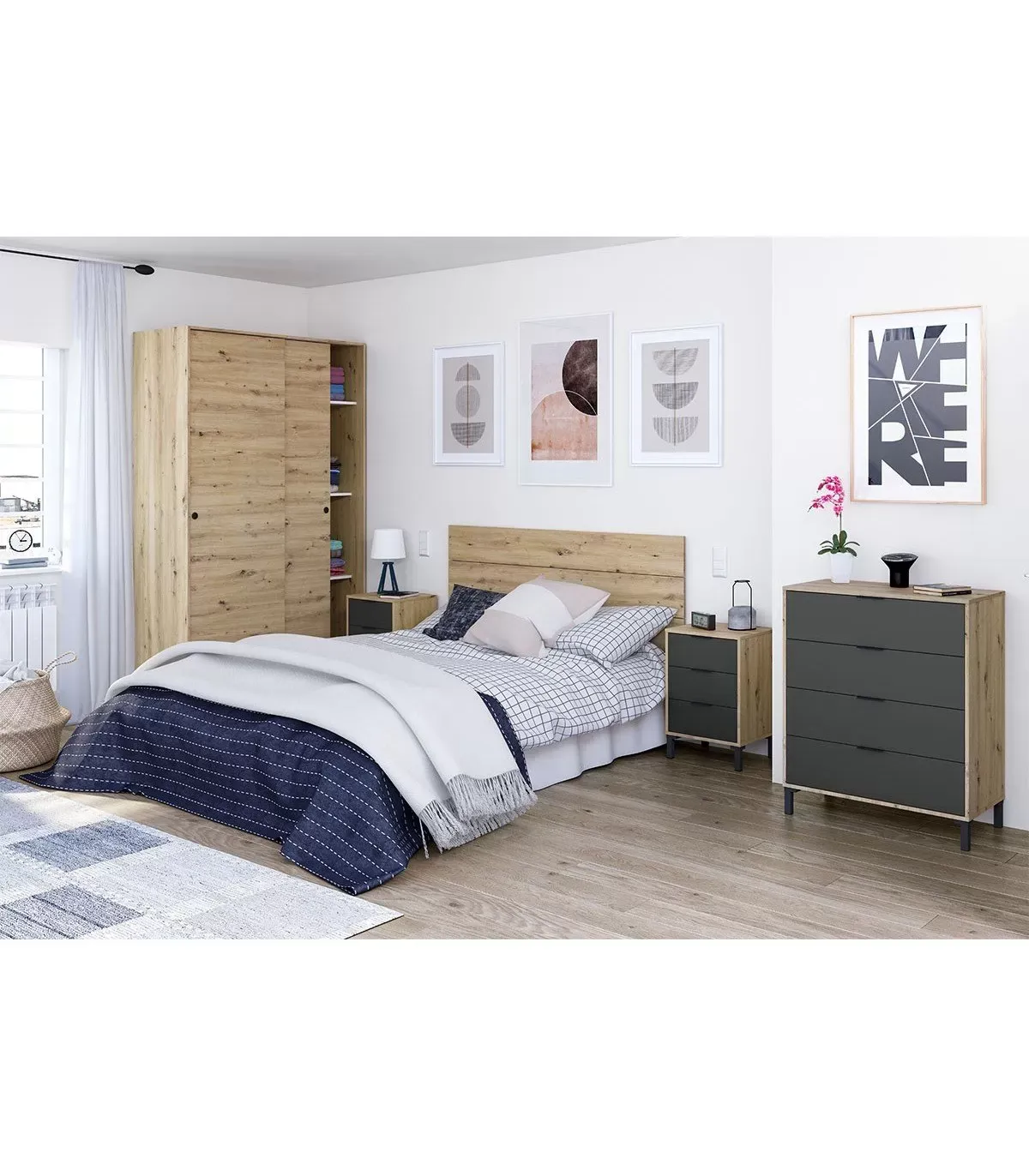 Illustration numéro 3 du produit Commode 4 tiroirs effet bois et gris anthracite - L77,5 x H93,5 cm