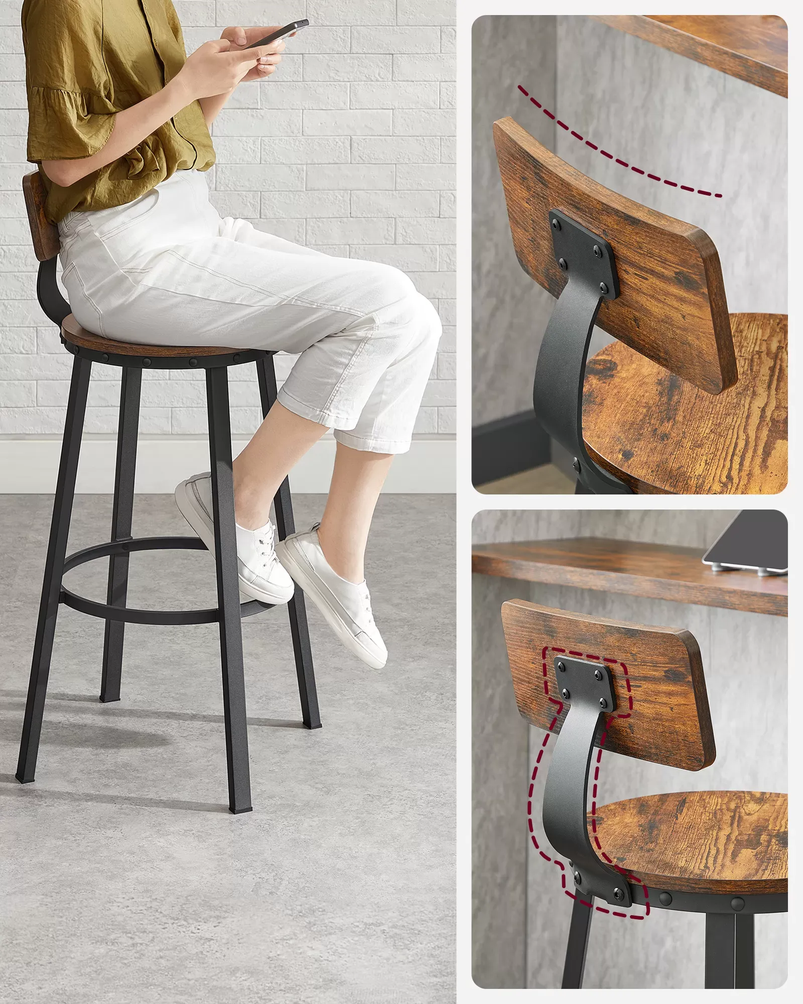 Illustration numéro 3 du produit Tabourets de bar industriels lot de 2 marron rustique et noir